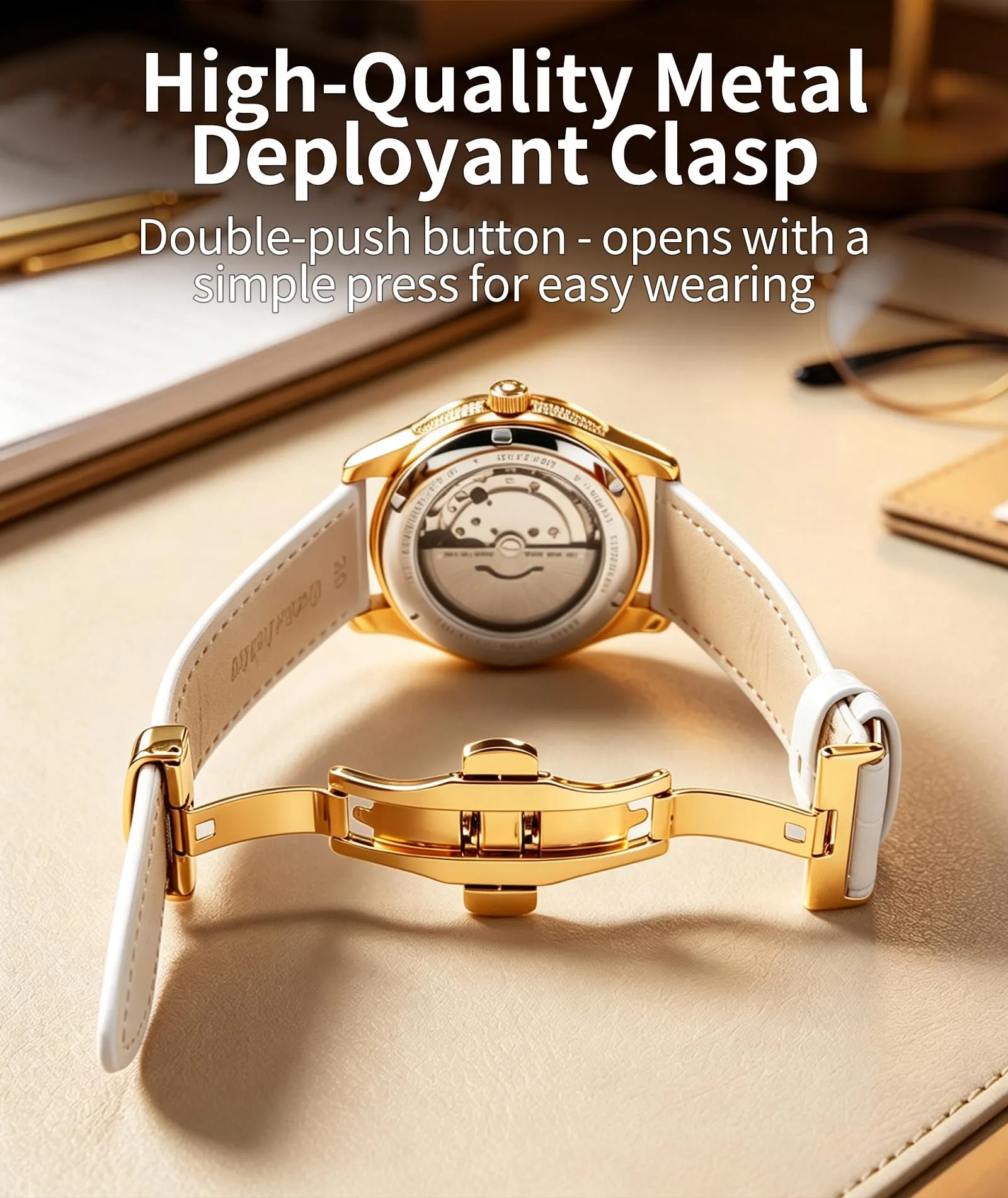 BINLUN Cinturino per Orologio in Pelle Ricambio Cinturini per Unisex con Fibbia Azionamento Farfalla Argento/Oro/Oro Rosa 12mm-24mm 10 Colori(Bianca-Fibbia In Oro, 21mm) - immagine 3
