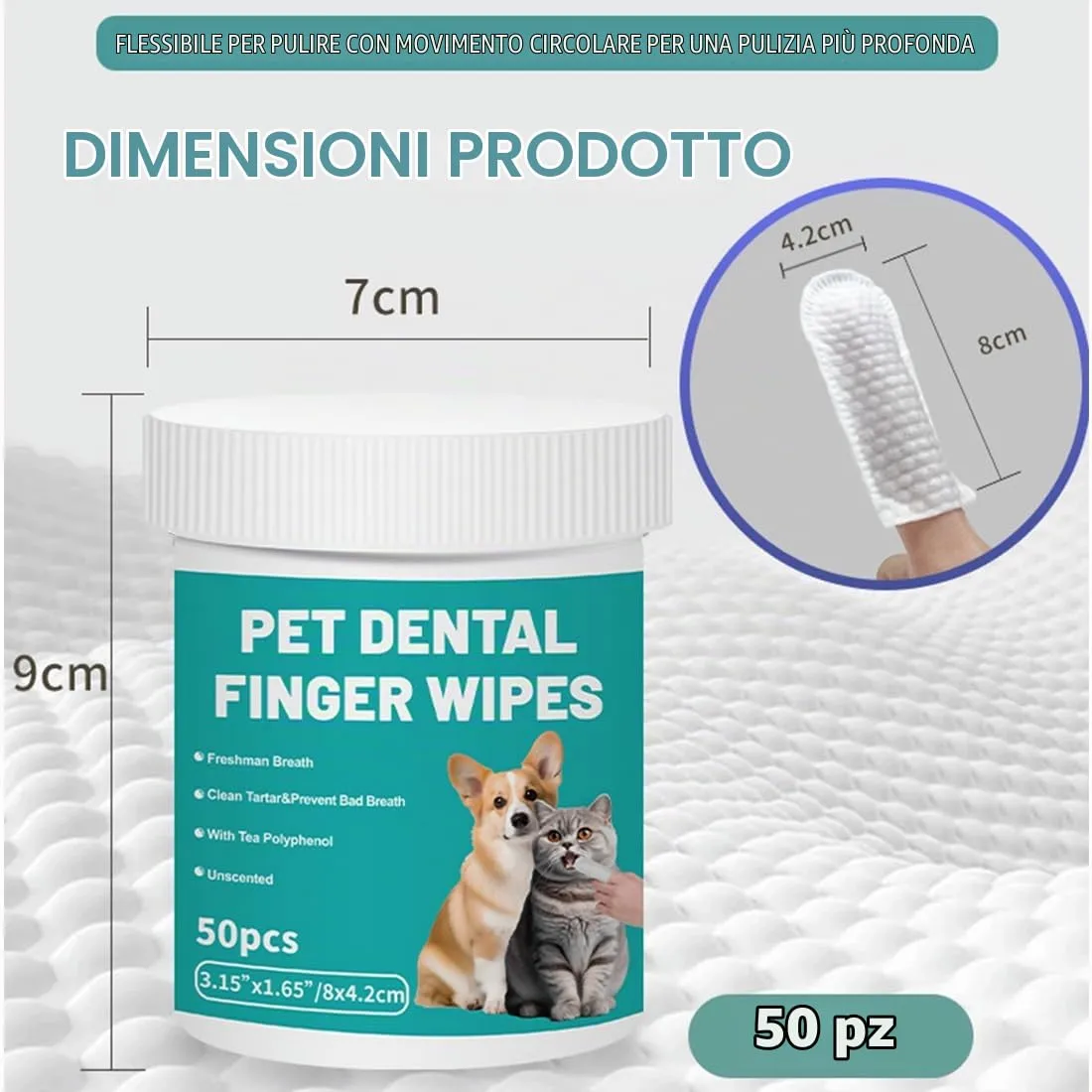 WeddHuis 50 Pezzi Salviette Dita Monouso per Pulizia Dentale di Animali Domestici - Per Gatti e Cani, Pulizia Delicata Senza Spazzolino per Denti Sani - immagine 2