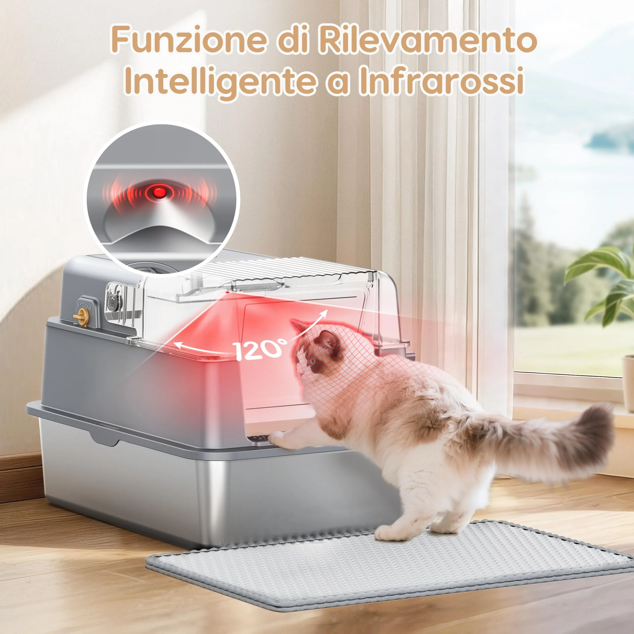 PalNests Lettiera Acciaio Inox per Gatti, Lettiera per Gatto XXL con Coperchio Ribaltabile a 105°, Lettiere in Metallo con Sistema di Aria Deodorizzazione, Lettiere Chiusa con Paletta e Tappetino - immagine 3
