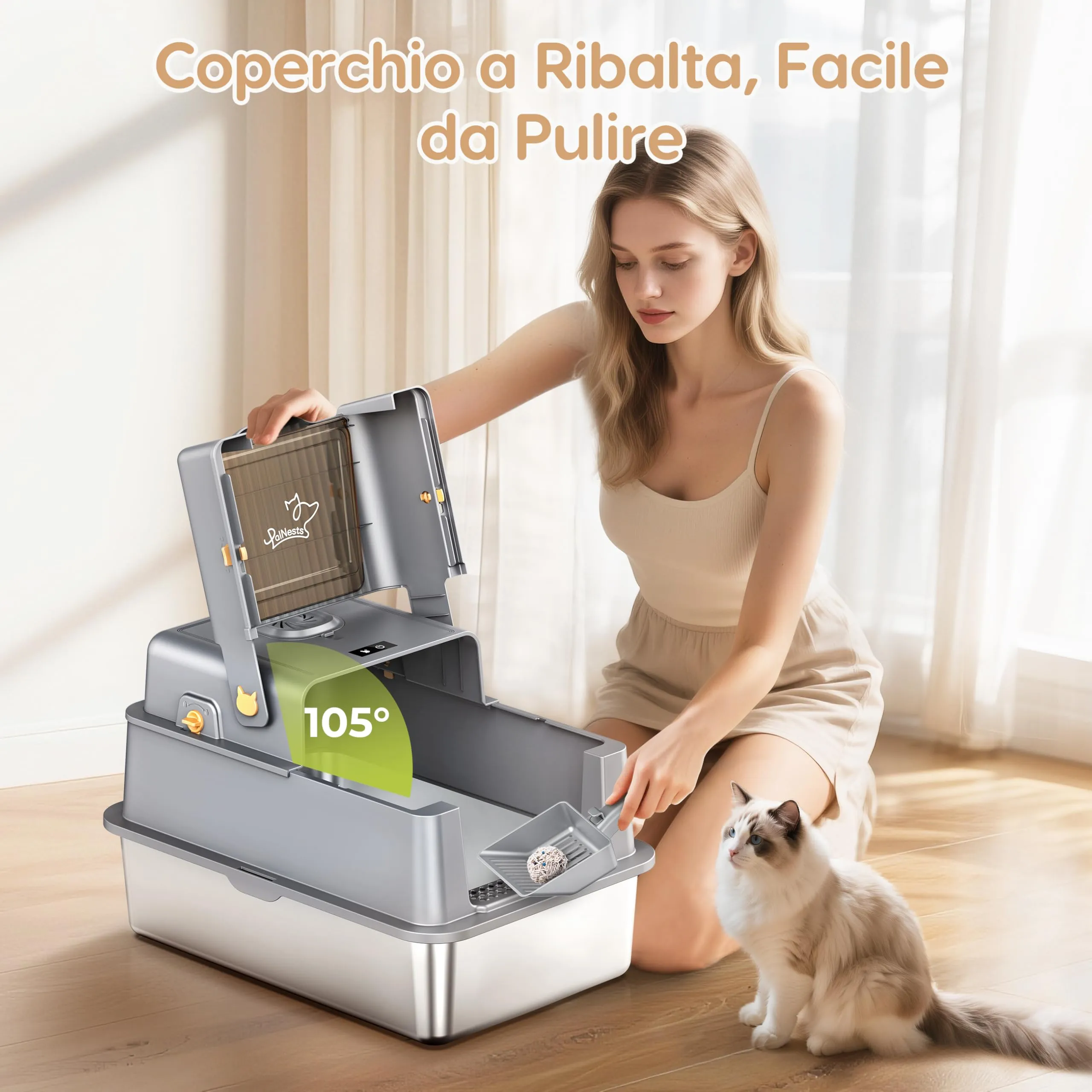 PalNests Lettiera Acciaio Inox per Gatti, Lettiera per Gatto XXL con Coperchio Ribaltabile a 105°, Lettiere in Metallo con Sistema di Aria Deodorizzazione, Lettiere Chiusa con Paletta e Tappetino - immagine 4
