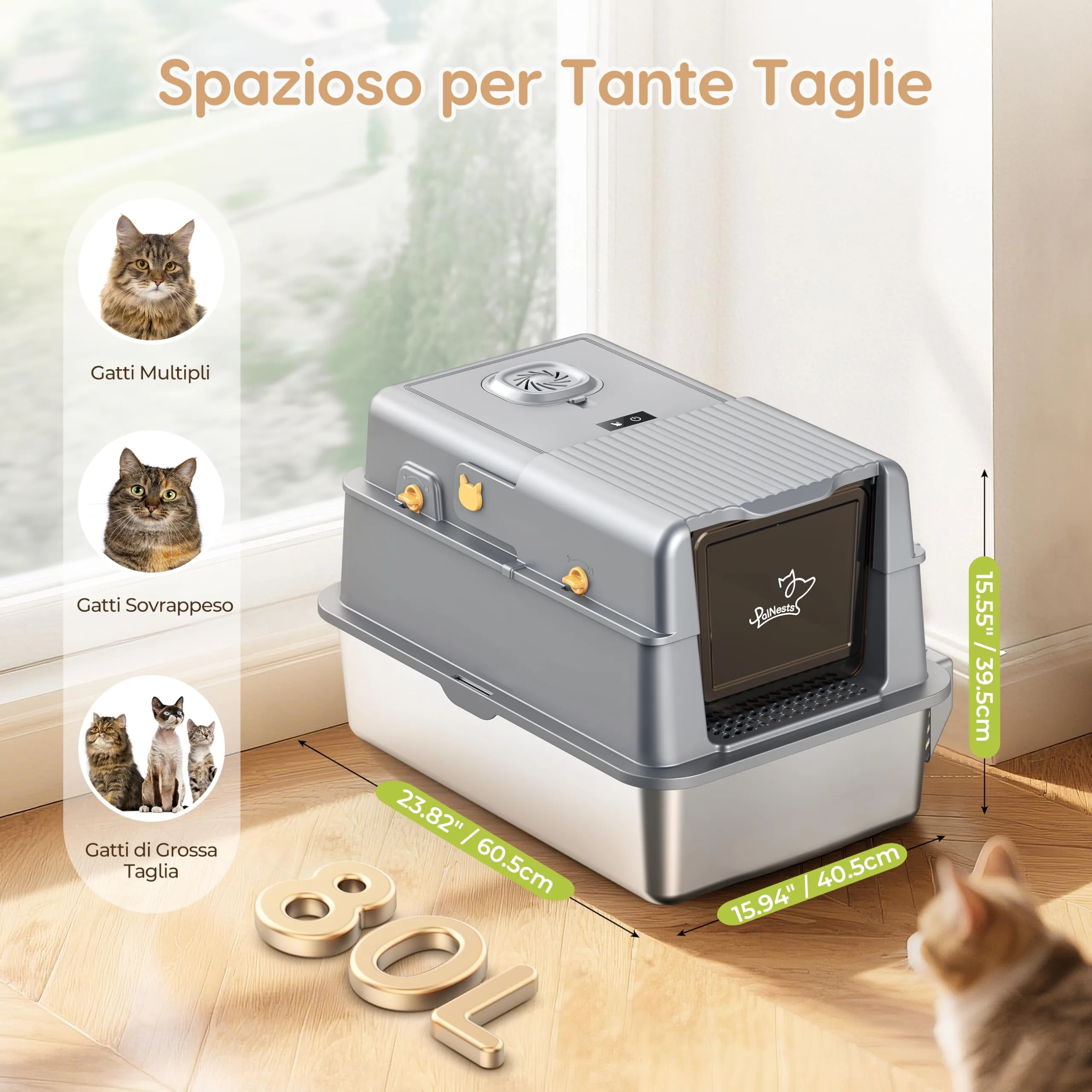 PalNests Lettiera Acciaio Inox per Gatti, Lettiera per Gatto XXL con Coperchio Ribaltabile a 105°, Lettiere in Metallo con Sistema di Aria Deodorizzazione, Lettiere Chiusa con Paletta e Tappetino - immagine 8