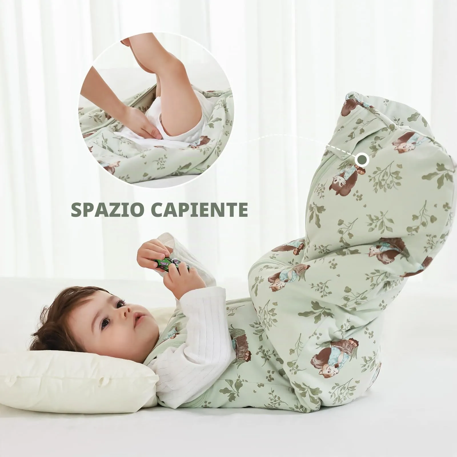 Mosebears Sacco nanna invernale per bambini, 2,5 tog,Cotone, per diverse misure dalla nascita all'età di 24 mesi(Green Animal,12-18 mesi) - immagine 5