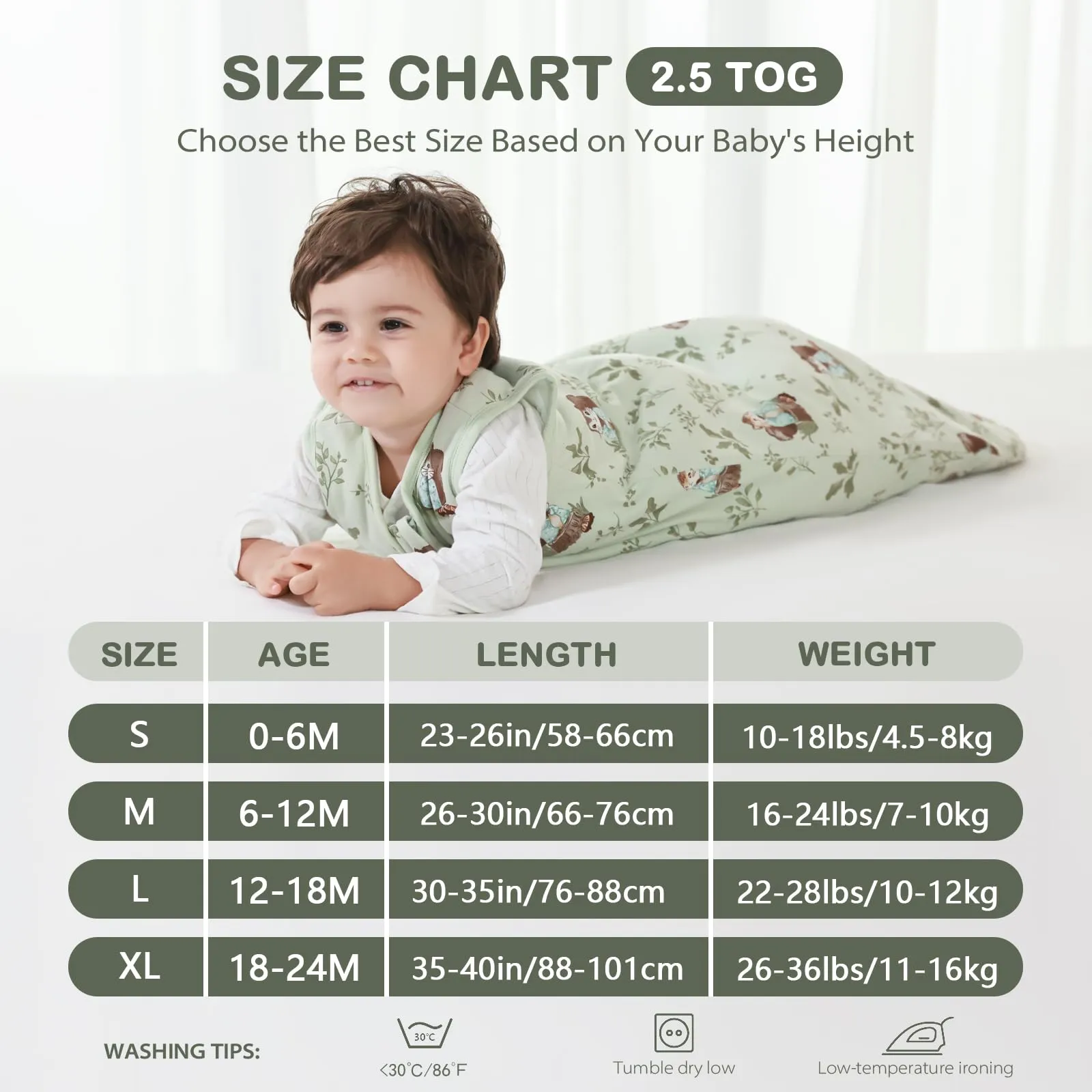 Mosebears Sacco nanna invernale per bambini, 2,5 tog,Cotone, per diverse misure dalla nascita all'età di 24 mesi(Green Animal,12-18 mesi) - immagine 6