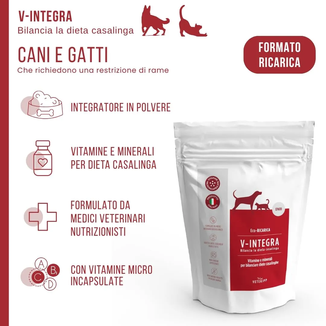 V-INTEGRA Epato 1kg ECO RICARICA, Integratore Vitamine e Minerali per Bilanciare Diete Casalinghe di Cani e Gatti che Richiedono una Restrizione di Rame, Multivitaminico Cane e Gatto Made in Italy - immagine 2