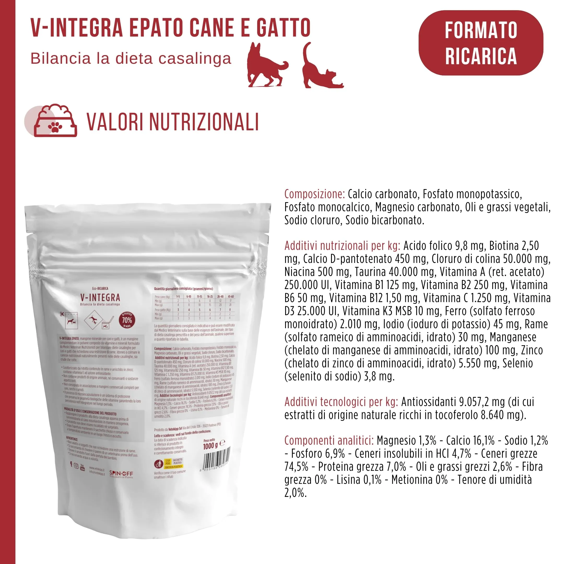V-INTEGRA Epato 1kg ECO RICARICA, Integratore Vitamine e Minerali per Bilanciare Diete Casalinghe di Cani e Gatti che Richiedono una Restrizione di Rame, Multivitaminico Cane e Gatto Made in Italy - immagine 8
