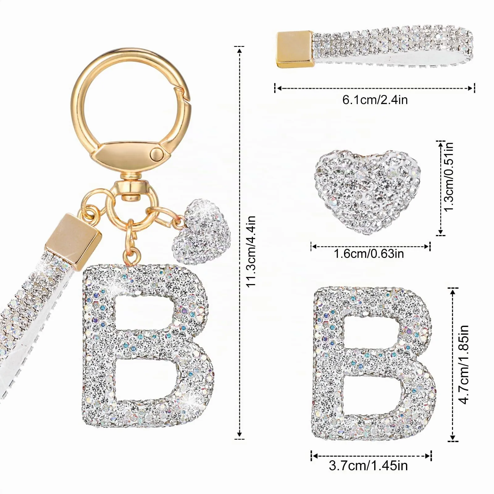 MWOOT Cristalli Lettera Portachiavi, Carini Keyring Ciondoli con Nome, Iniziale Anelli Portachiavi Donna, Casa Nuova Accessori Macchina Auto Keychain Regalo Amica Compleanno(B) - immagine 3