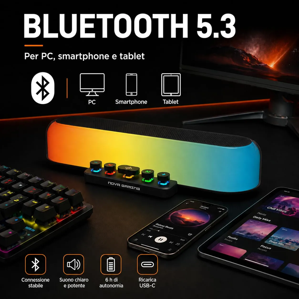 Nova Gaming URSAE - Barra di Suono Gaming RGB Bluetooth 5.3 - Altoparlante PC Stereo 10W, Suono Potente, Design Compatto - Connessione USB/Jack/Micro-SD - PC, Console, Smartphone, Senza Fili - immagine 5