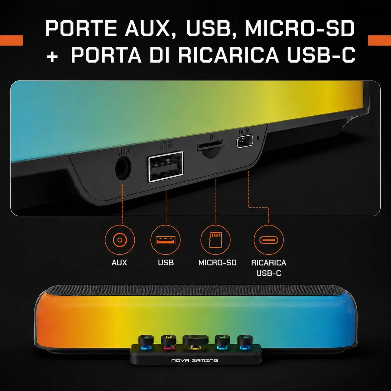 Nova Gaming URSAE - Barra di Suono Gaming RGB Bluetooth 5.3 - Altoparlante PC Stereo 10W, Suono Potente, Design Compatto - Connessione USB/Jack/Micro-SD - PC, Console, Smartphone, Senza Fili - immagine 8