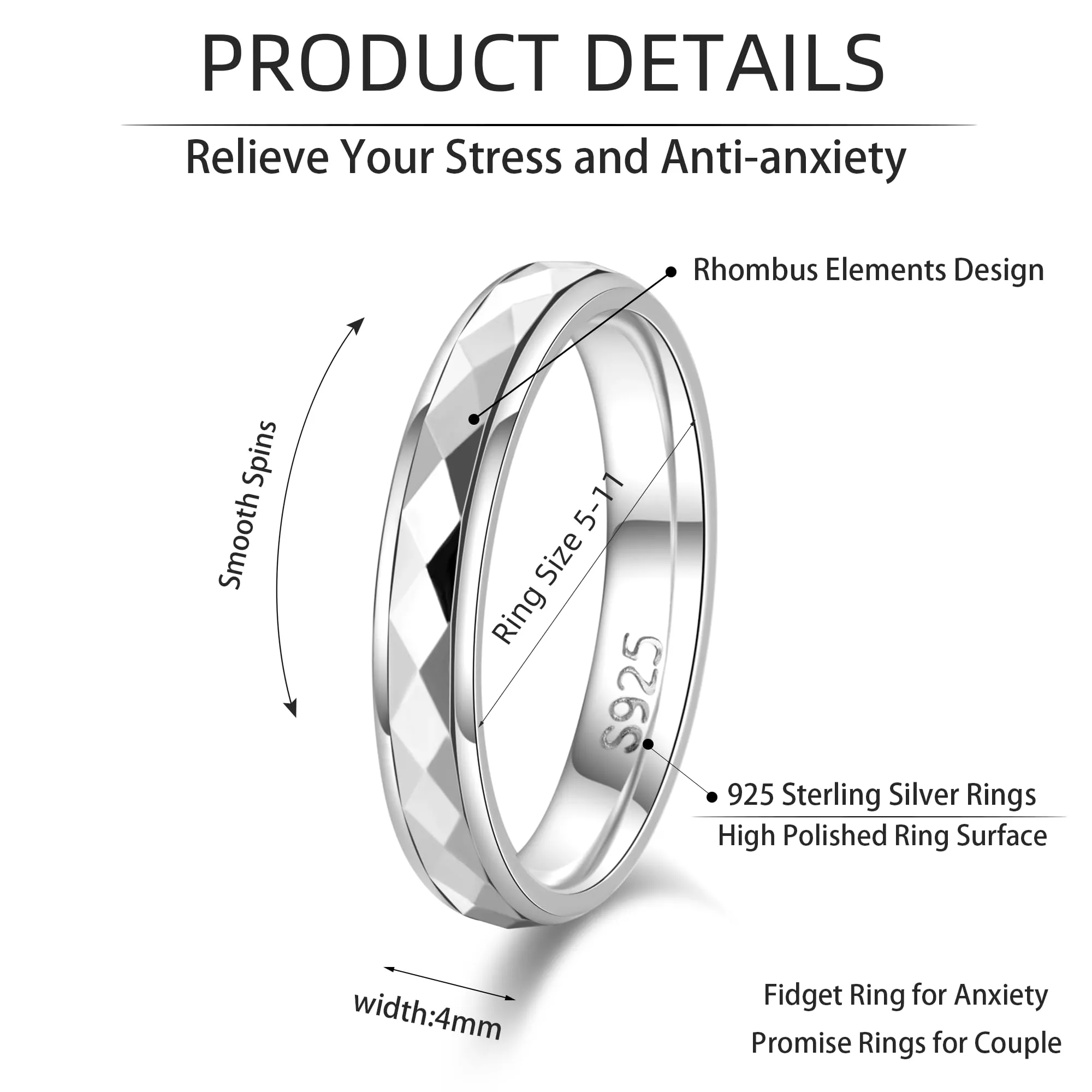 LOFITOR Anello Anti Stress 925 Argento, Larghezza 4mm Spinner Sabbiatura a Rombo, Gioiello per Ansia Uomo Donna Rombo 52 - immagine 6