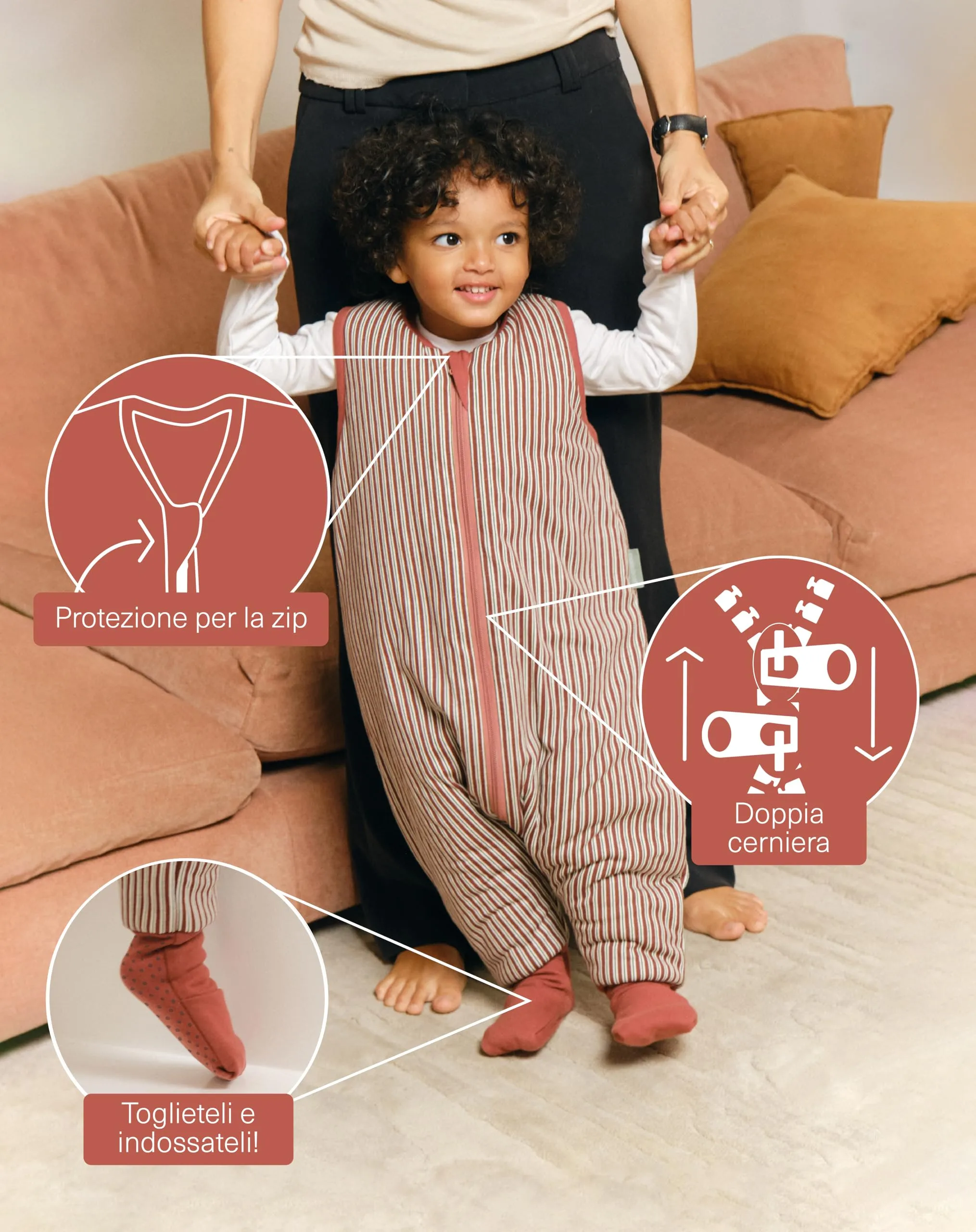 molis&co - Sacco Nanna con piedini e calzini - Sacco nanna invernale per Bambini - Sacchi Nanna 2.5 tog con piedini - 100% Cotone (Oeko-TEX 100) (Burgundy Stripes, 6 anni) - immagine 3