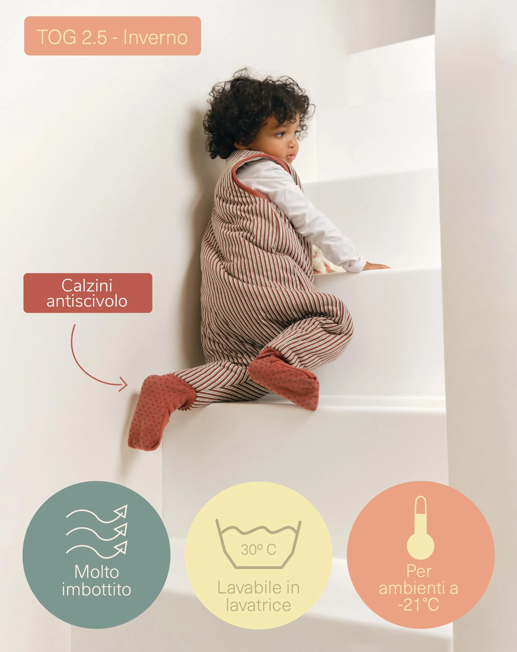 molis&co - Sacco Nanna con piedini e calzini - Sacco nanna invernale per Bambini - Sacchi Nanna 2.5 tog con piedini - 100% Cotone (Oeko-TEX 100) (Burgundy Stripes, 3 anni) - immagine 4