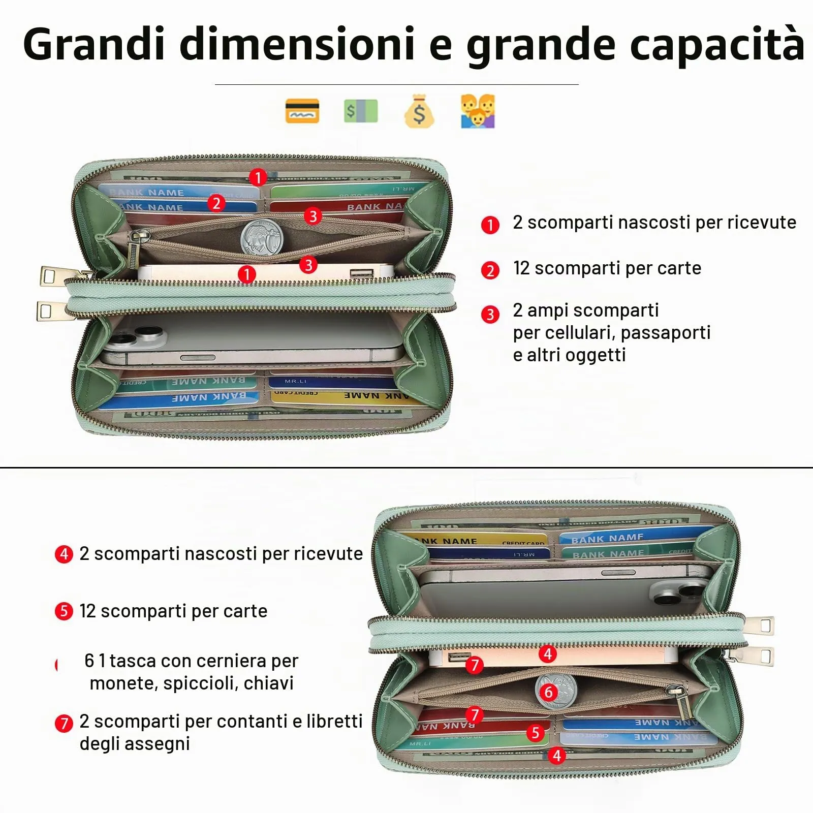 GOIACII Portafoglio Donna Grande in Vegan Pelle con Blocco RFID Portamonete Formato lungo Doppia Cerniera con 24 Scomparti per Carte di Credito - immagine 3