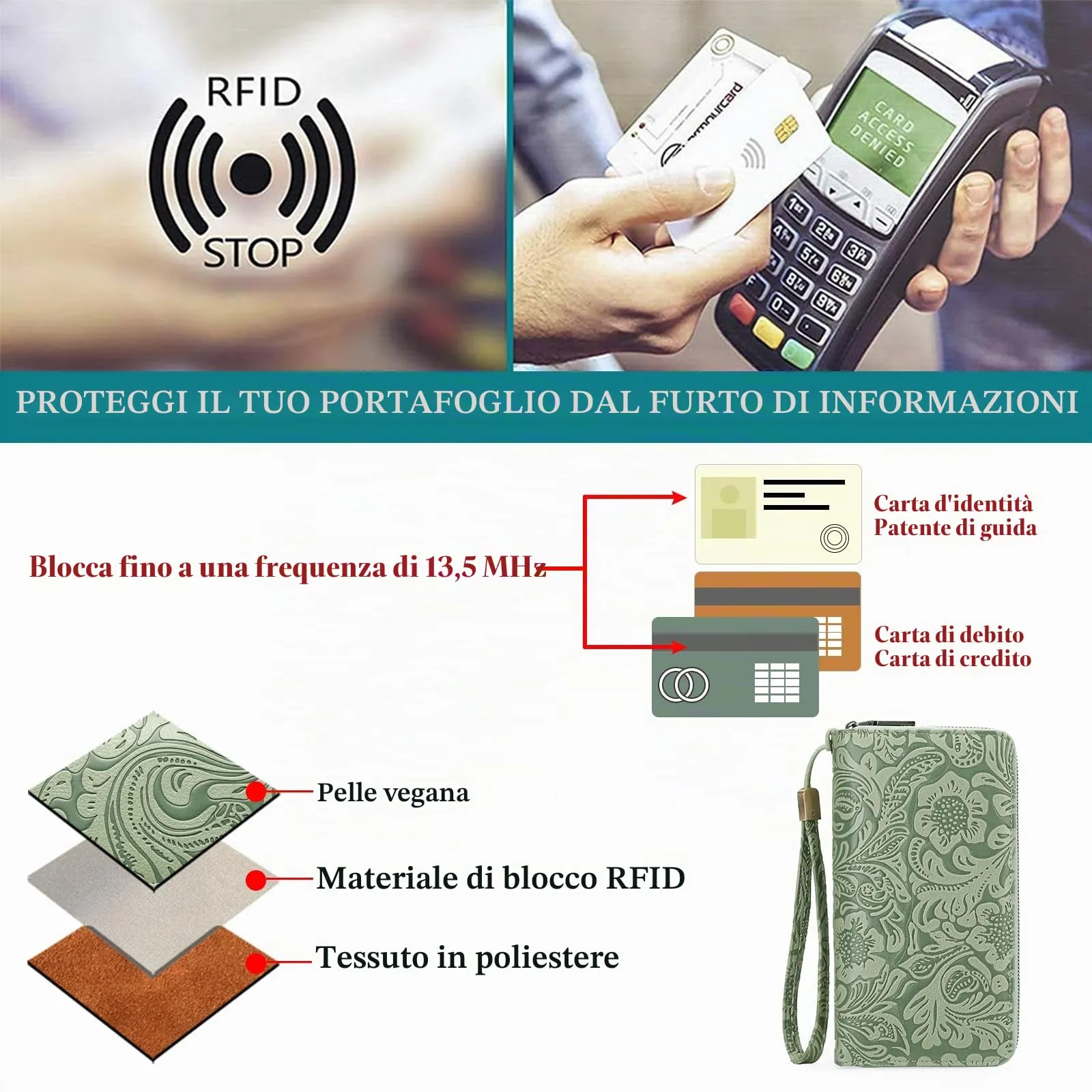 GOIACII Portafoglio Donna Grande in Vegan Pelle con Blocco RFID Portamonete Formato lungo Doppia Cerniera con 24 Scomparti per Carte di Credito - immagine 4