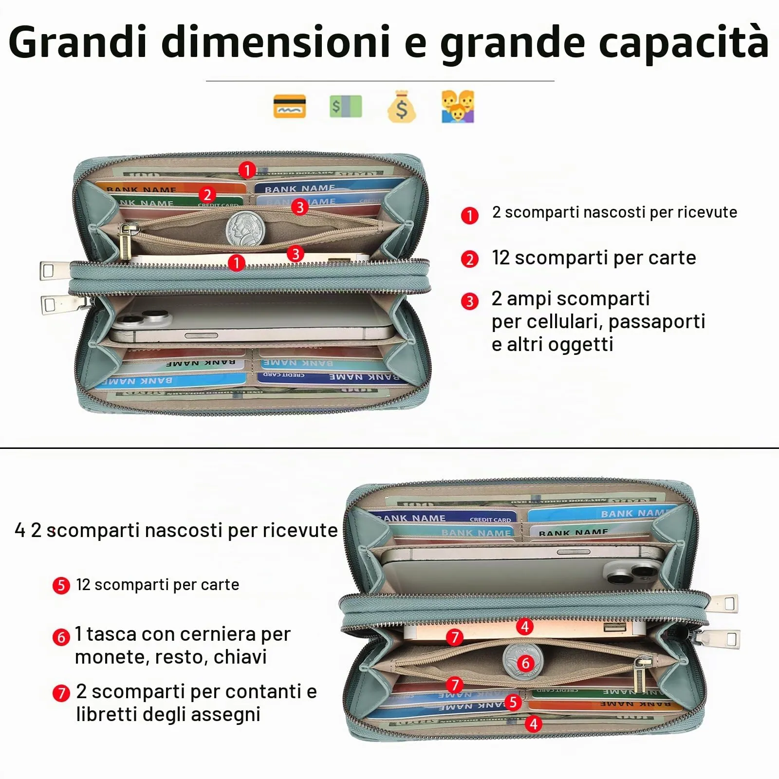 GOIACII Portafoglio Donna Grande in Vegan Pelle con Blocco RFID Portamonete Formato lungo Doppia Cerniera con 24 Scomparti per Carte di Credito - immagine 4