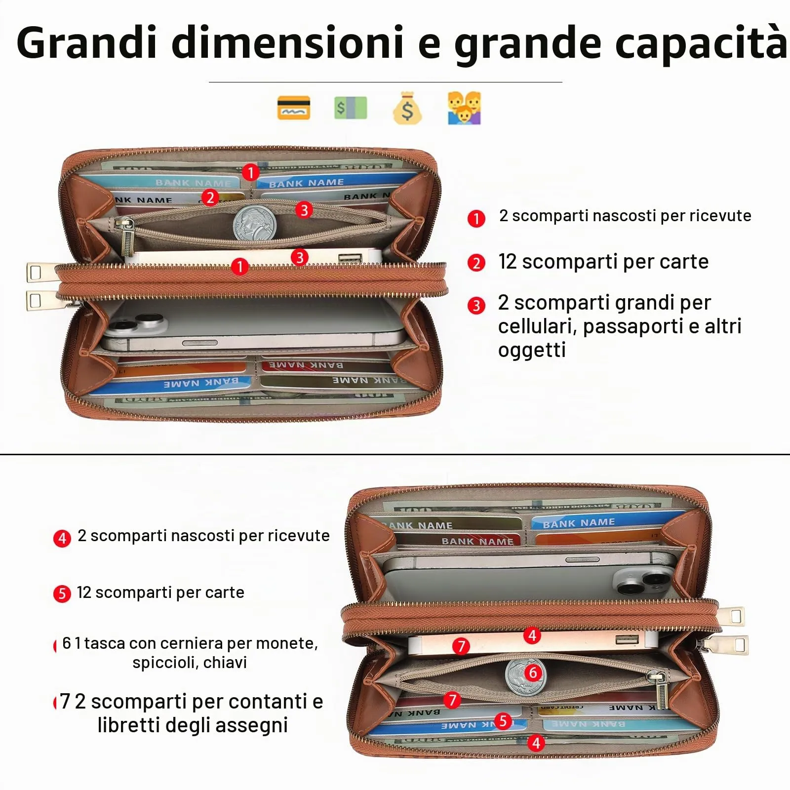 GOIACII Portafoglio Donna Grande in Vegan Pelle con Blocco RFID Portamonete Formato lungo Doppia Cerniera con 24 Scomparti per Carte di Credito - immagine 3