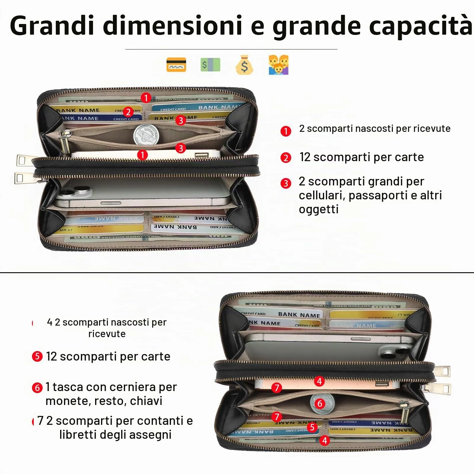 GOIACII Portafoglio Donna Grande in Vegan Pelle con Blocco RFID Portamonete Formato lungo Doppia Cerniera con 24 Scomparti per Carte di Credito - immagine 4