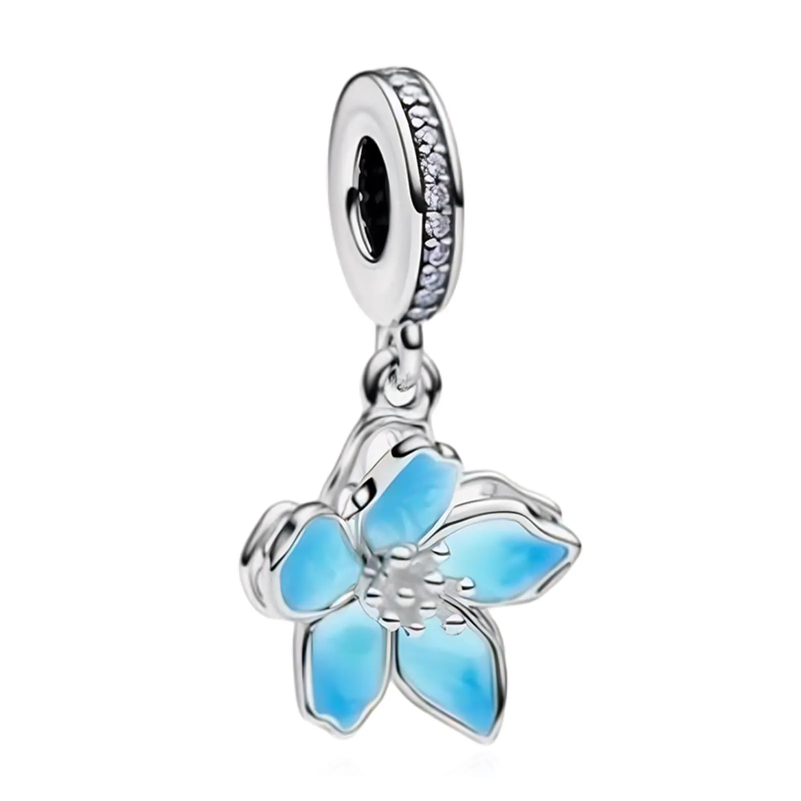 Rimgoris Collana con bracciale da donna in argento sterling 925, petali di ciliegio blu, ciondolo, bracciale da donna, charm, festa della mamma, con zirconi - immagine 1