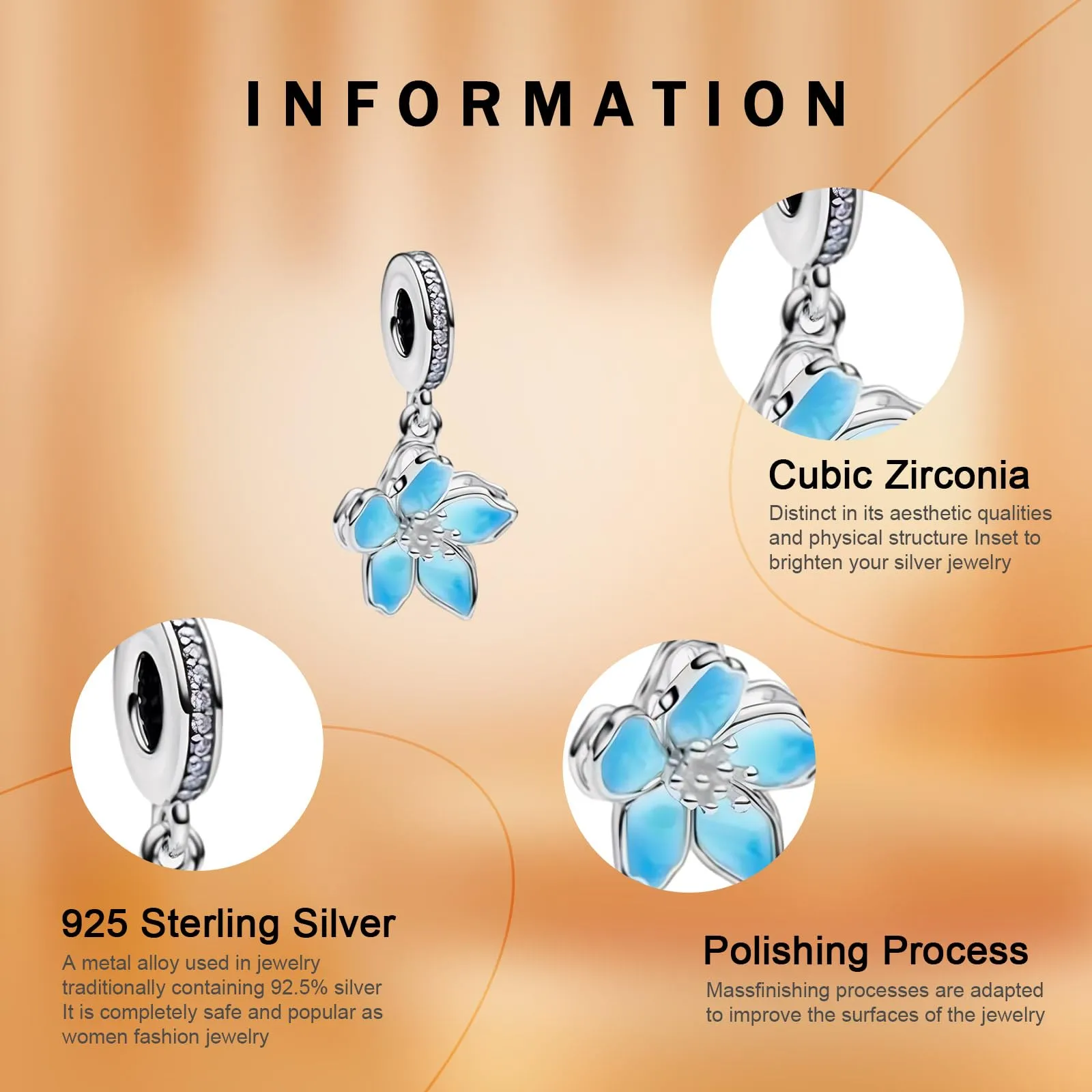 Rimgoris Collana con bracciale da donna in argento sterling 925, petali di ciliegio blu, ciondolo, bracciale da donna, charm, festa della mamma, con zirconi - immagine 4