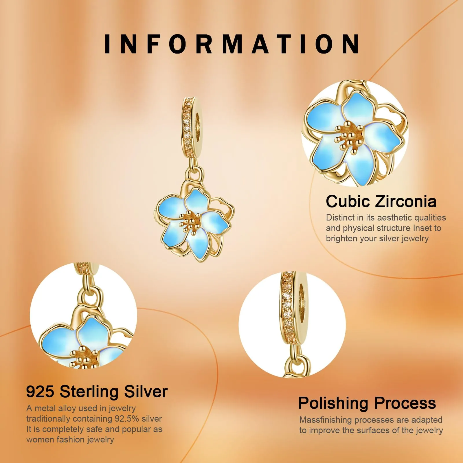 Rimgoris Collana con bracciale da donna in argento sterling 925, petali di ciliegio blu, ciondolo in oro, bracciale da donna, charm, festa della mamma, con zirconi - immagine 4