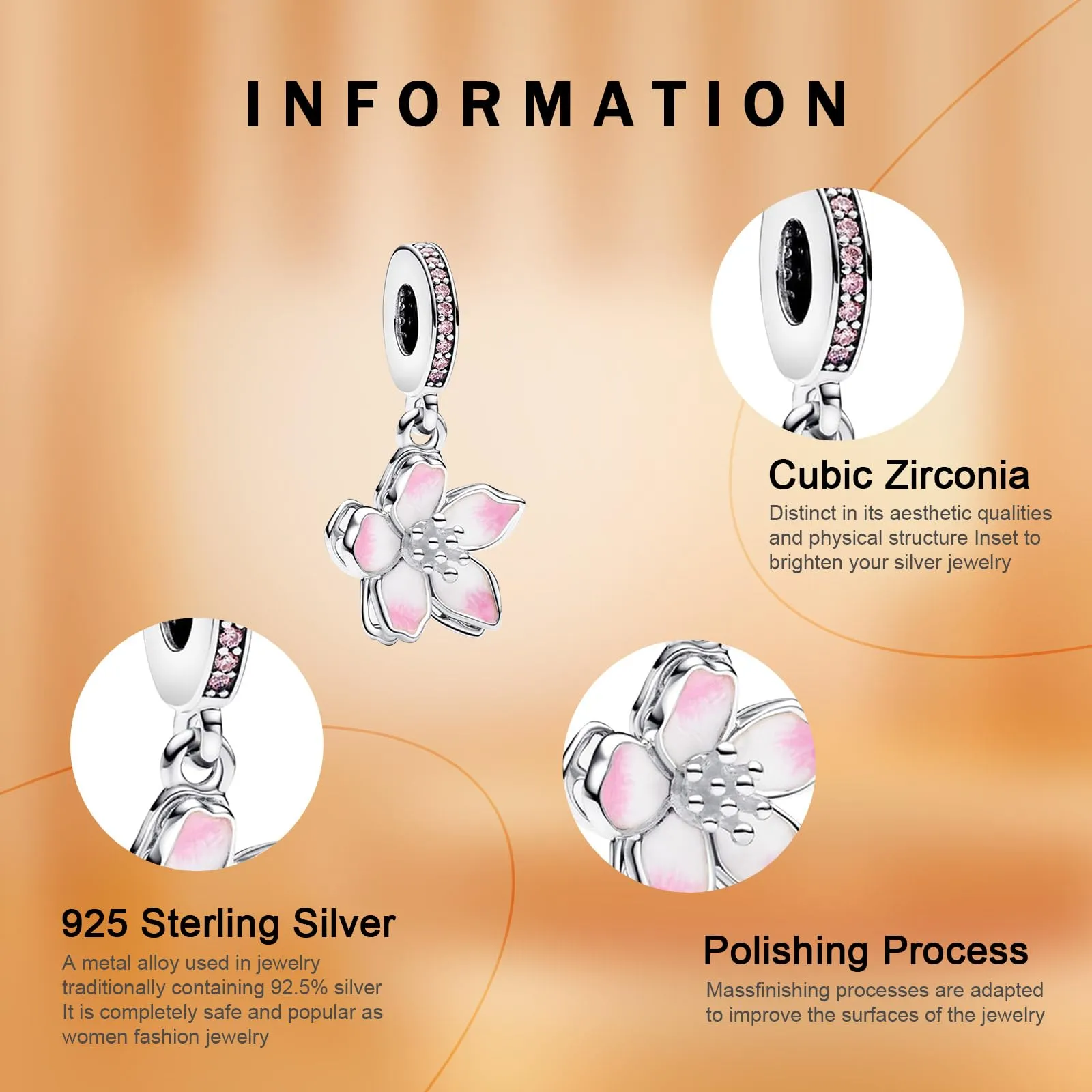 Rimgoris Collana con bracciale da donna in argento sterling 925, petali di ciliegio rosa, ciondolo, bracciale da donna, charm, festa della mamma, con zirconi - immagine 3