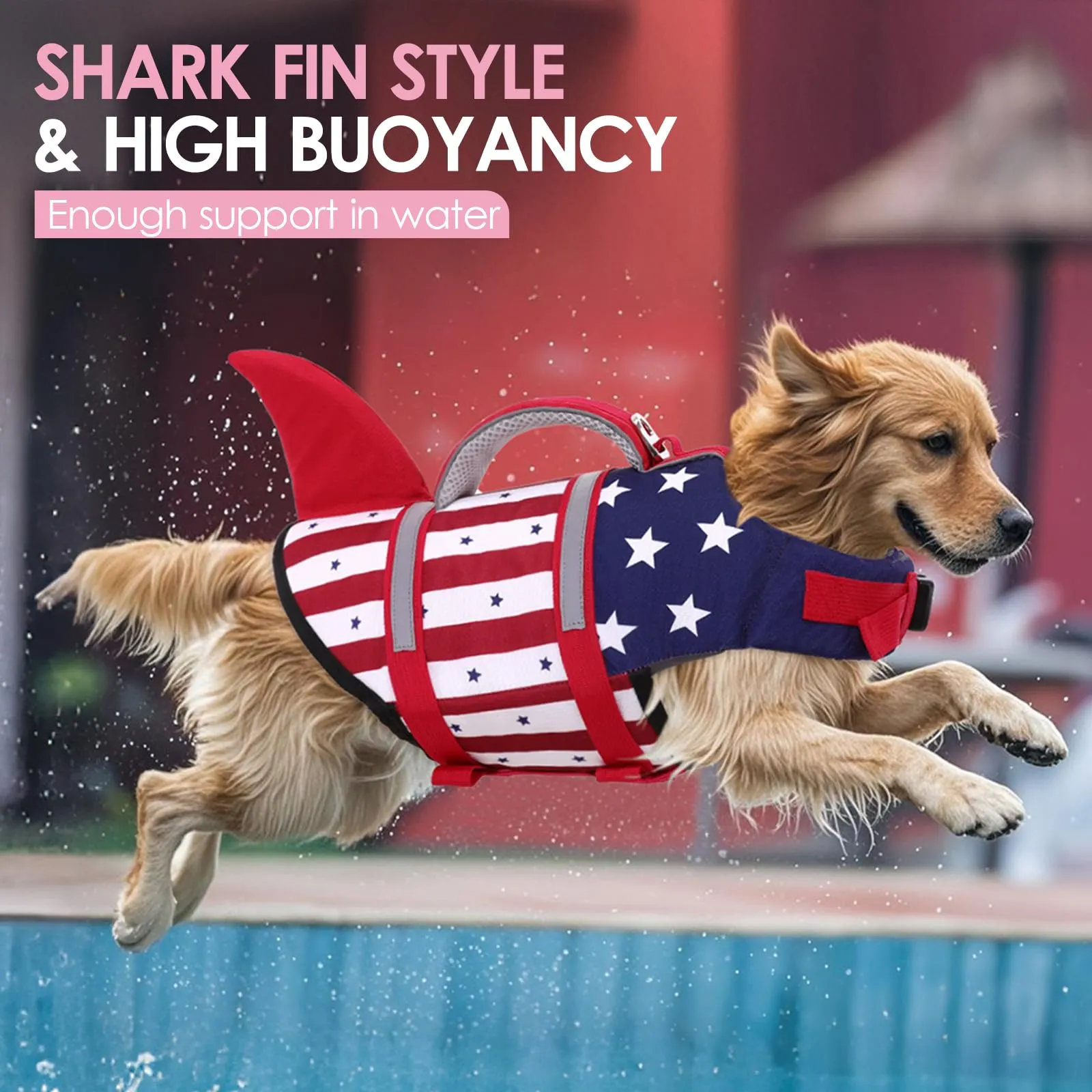 AOFITEE Giubbotto di salvataggio per cani, giubbotto di salvataggio per cani, gilet da nuoto per cani con squalo, con maniglia di salvataggio e strisce riflettenti, cappotto galleggiante per animali - immagine 2