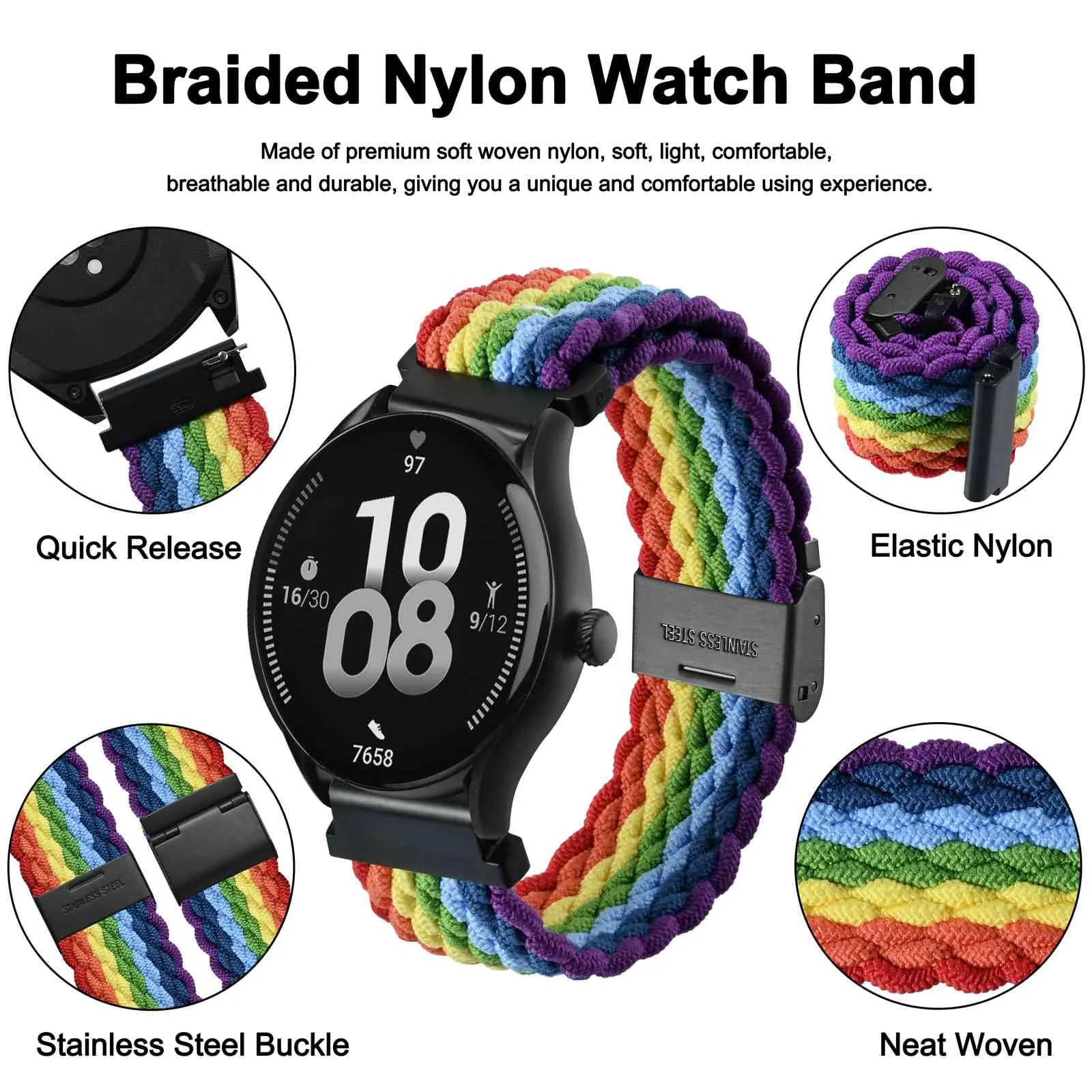 WOCCI 18mm Intrecciato Nylon Cinturino per Orologio da Uomo e da Donna, Regolabile Fibbia Nera (Multicolore) - immagine 3