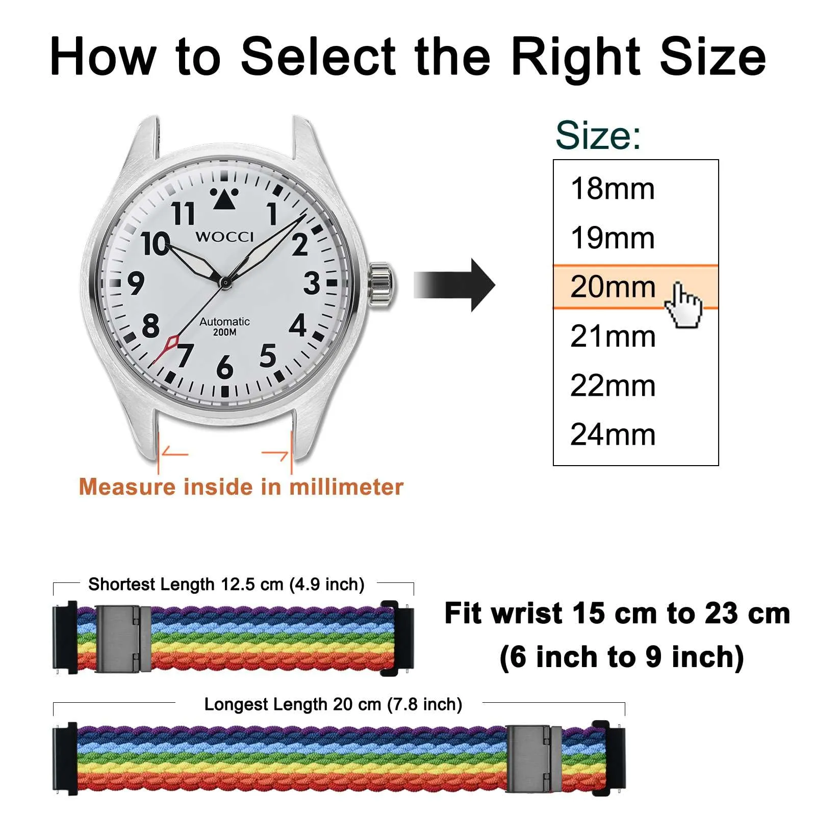 WOCCI 18mm Intrecciato Nylon Cinturino per Orologio da Uomo e da Donna, Regolabile Fibbia Nera (Multicolore) - immagine 4