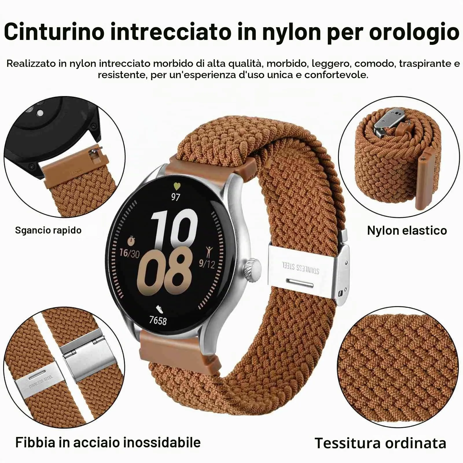 WOCCI 22mm Intrecciato Nylon Cinturino per Orologio da Uomo e da Donna, Regolabile Fibbia Argento (Marrone) - immagine 3
