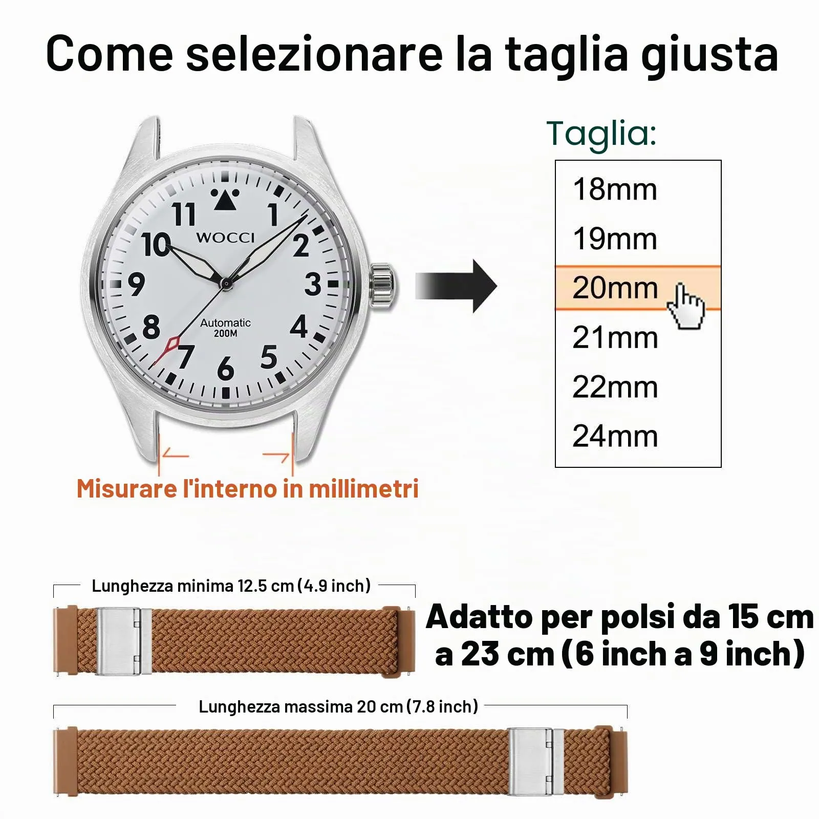 WOCCI 22mm Intrecciato Nylon Cinturino per Orologio da Uomo e da Donna, Regolabile Fibbia Argento (Marrone) - immagine 4