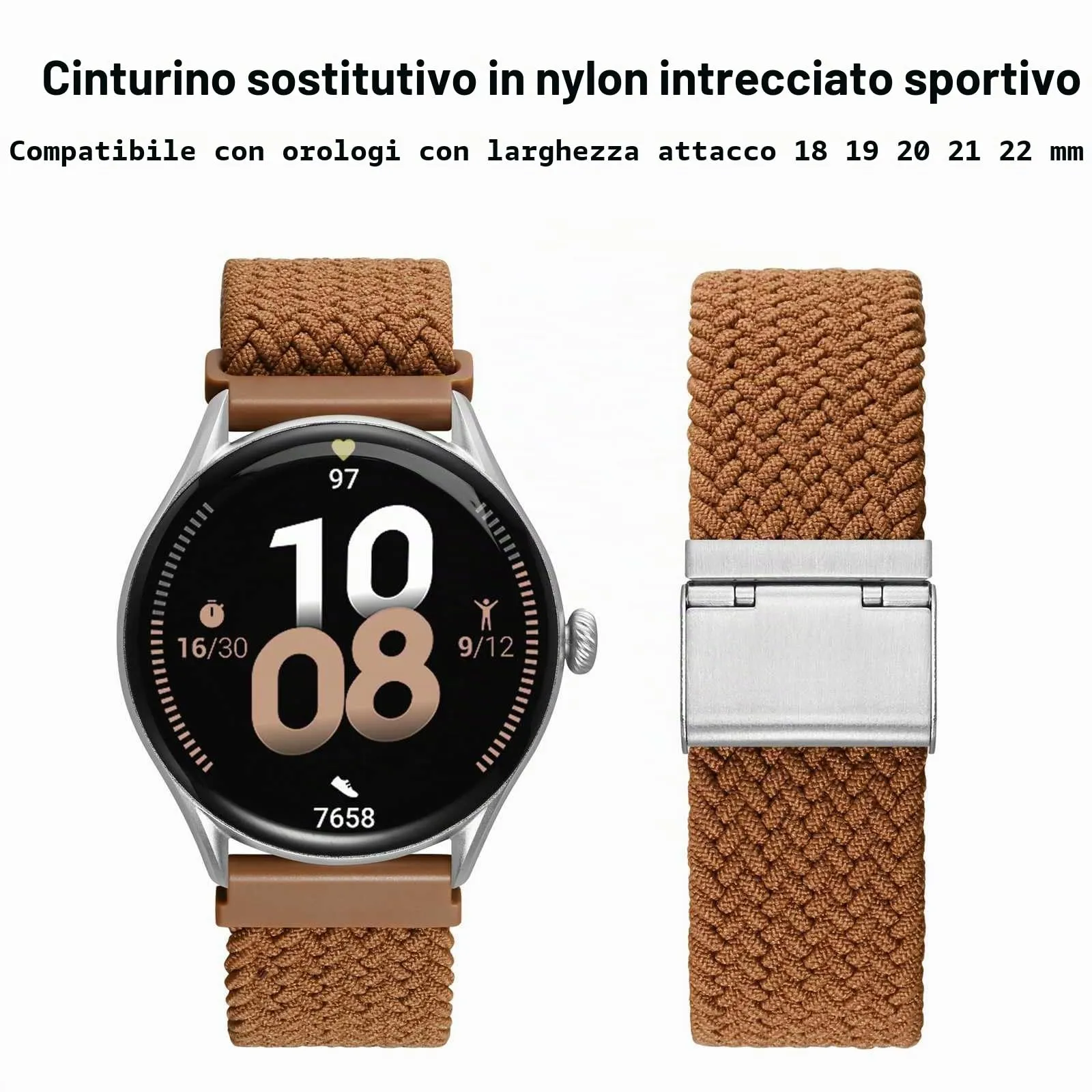WOCCI 22mm Intrecciato Nylon Cinturino per Orologio da Uomo e da Donna, Regolabile Fibbia Argento (Marrone) - immagine 9