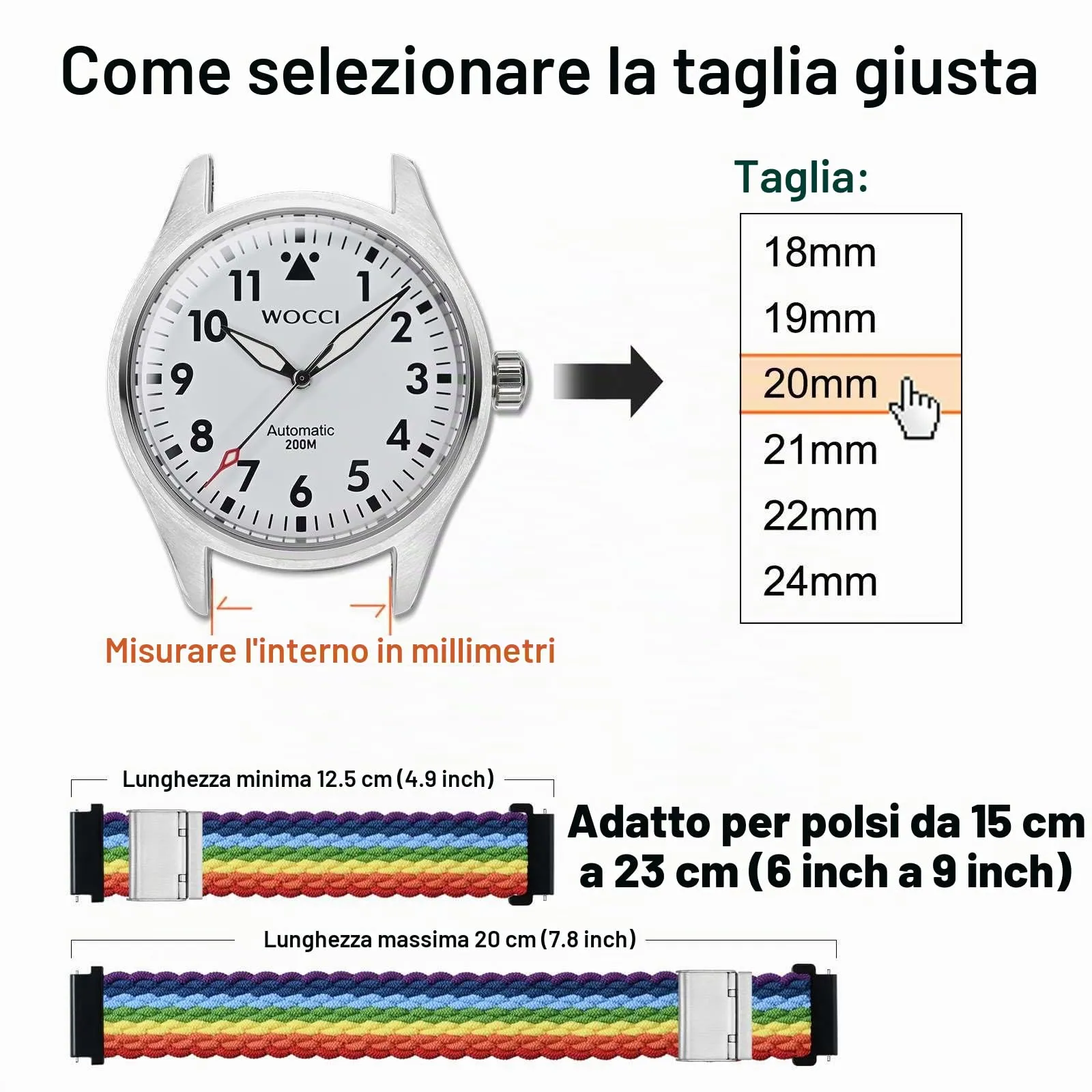 WOCCI 20mm Intrecciato Nylon Cinturino per Orologio da Uomo e da Donna, Regolabile Fibbia Argento (Multicolore) - immagine 4