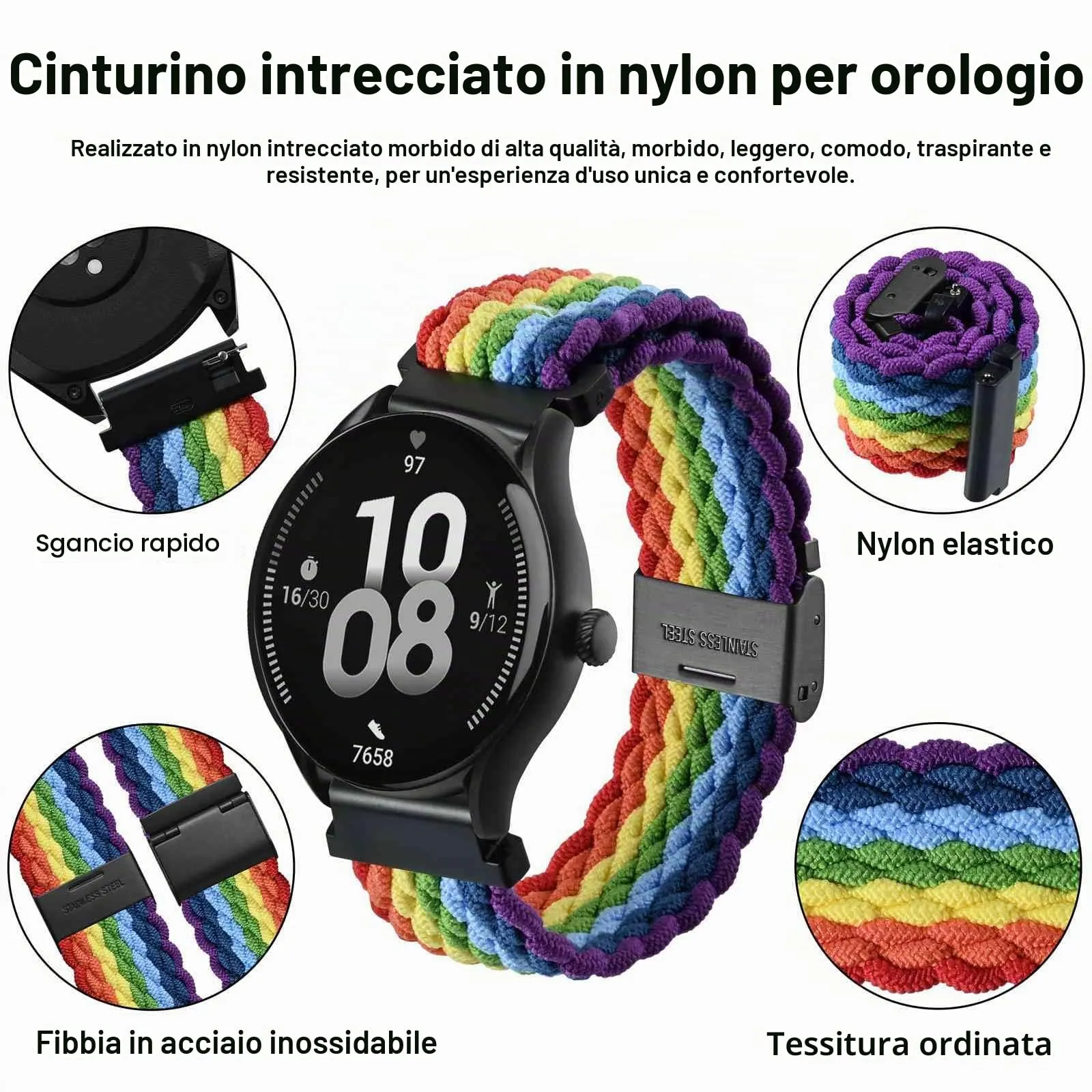 WOCCI 22mm Intrecciato Nylon Cinturino per Orologio da Uomo e da Donna, Regolabile Fibbia Nera (Multicolore) - immagine 3