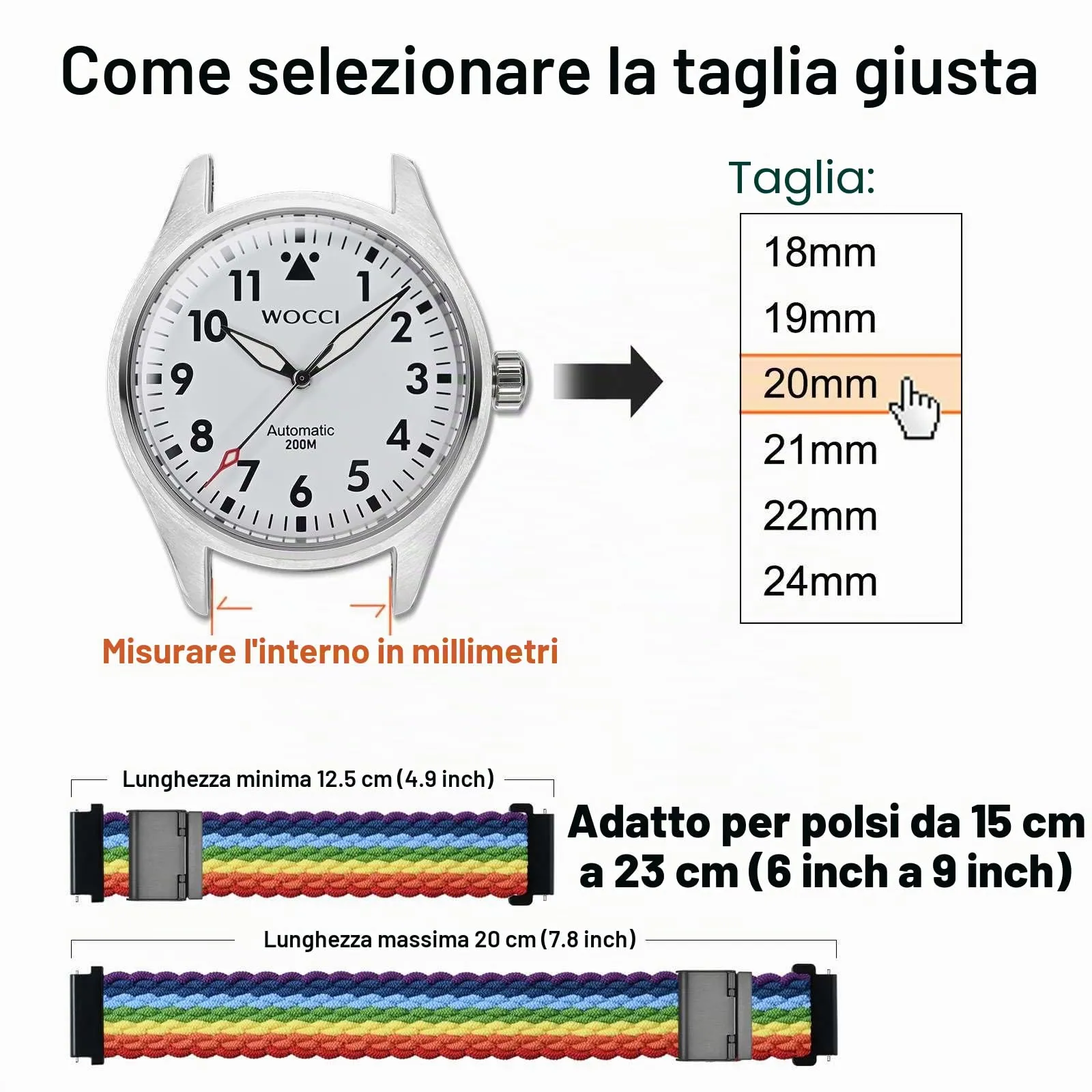 WOCCI 22mm Intrecciato Nylon Cinturino per Orologio da Uomo e da Donna, Regolabile Fibbia Nera (Multicolore) - immagine 4