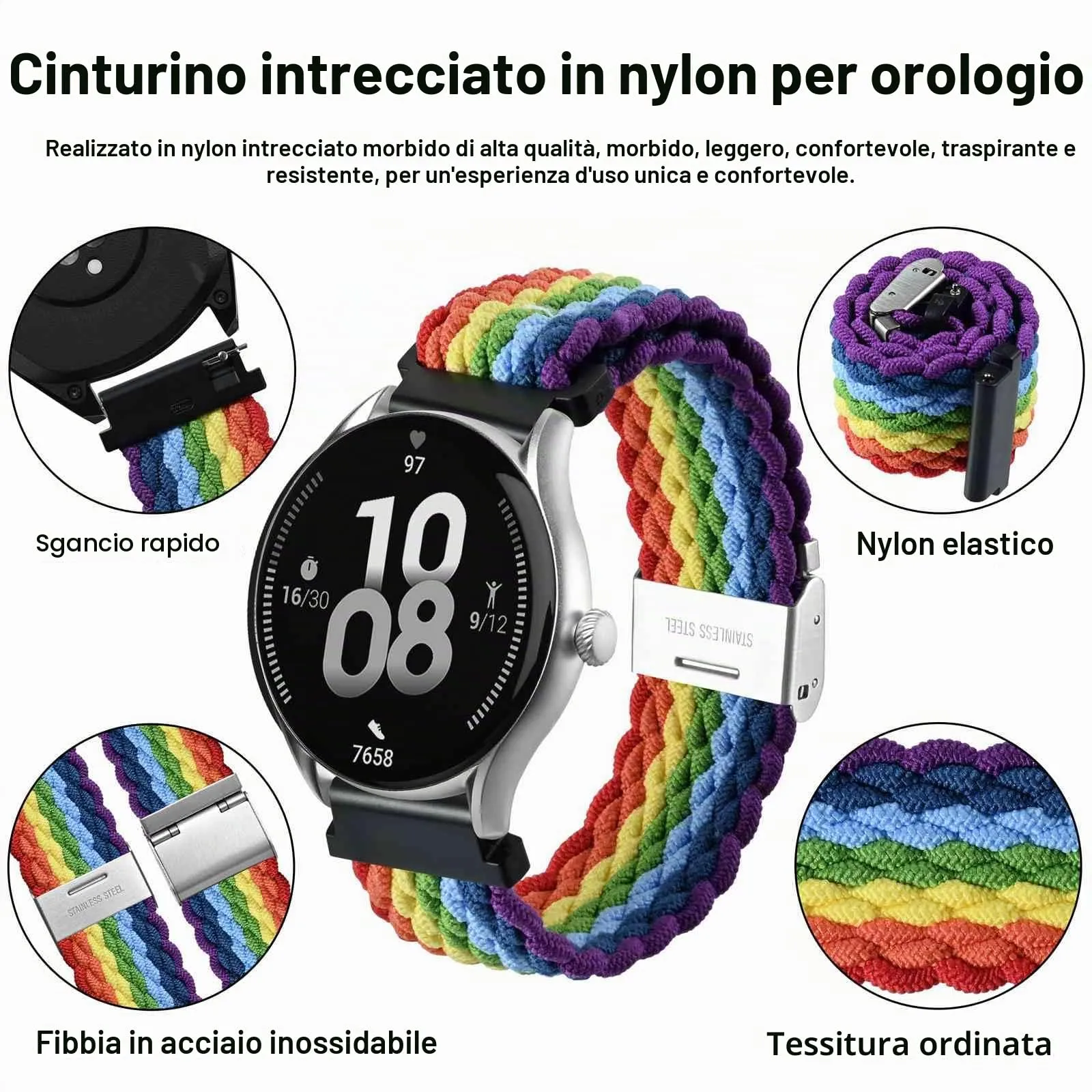 WOCCI 22mm Intrecciato Nylon Cinturino per Orologio da Uomo e da Donna, Regolabile Fibbia Argento (Multicolore) - immagine 3