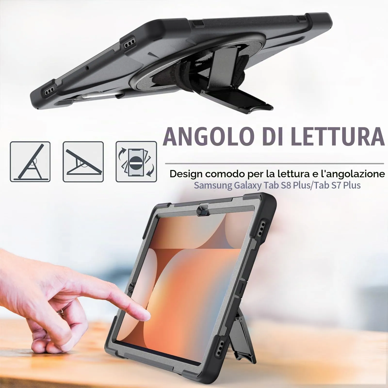 Gerutek Cover per Samsung Galaxy Tab S10+/S9 FE+/S9+/S8+/S7+ 12.4", Nero - immagine 6