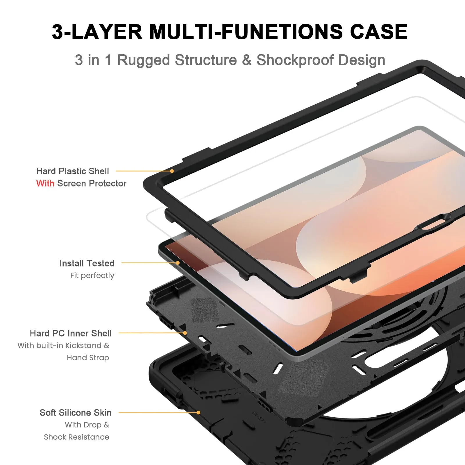 Gerutek Cover per Samsung Galaxy Tab S10+/S9 FE+/S9+/S8+/S7+ 12.4", Nero - immagine 2