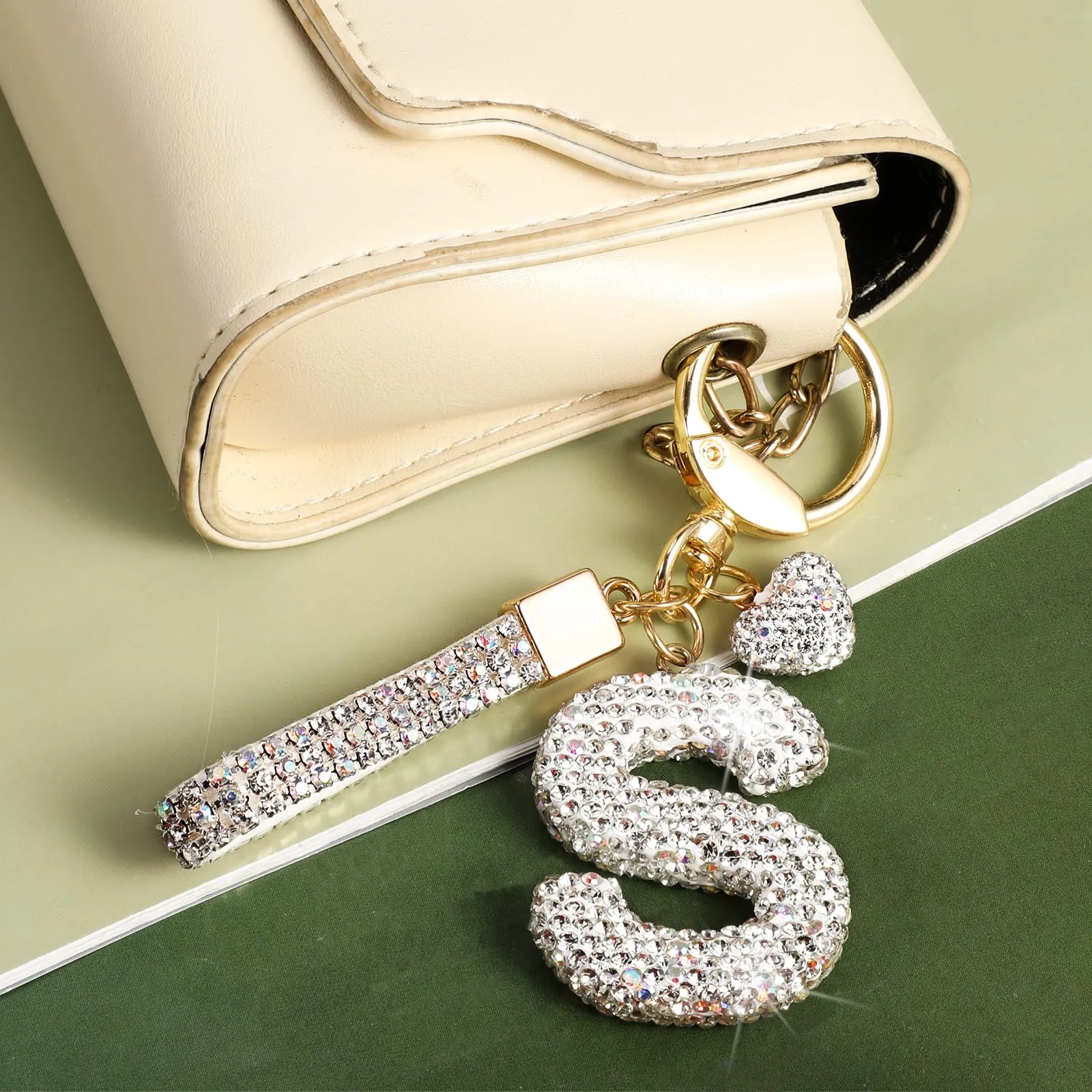 MWOOT Cristalli Lettera Portachiavi S, Carini Keyring Ciondoli con Nome, Iniziale Anelli Portachiavi Donna, Casa Nuova Accessori Macchina Auto Keychain Regalo Amica Compleanno - immagine 4