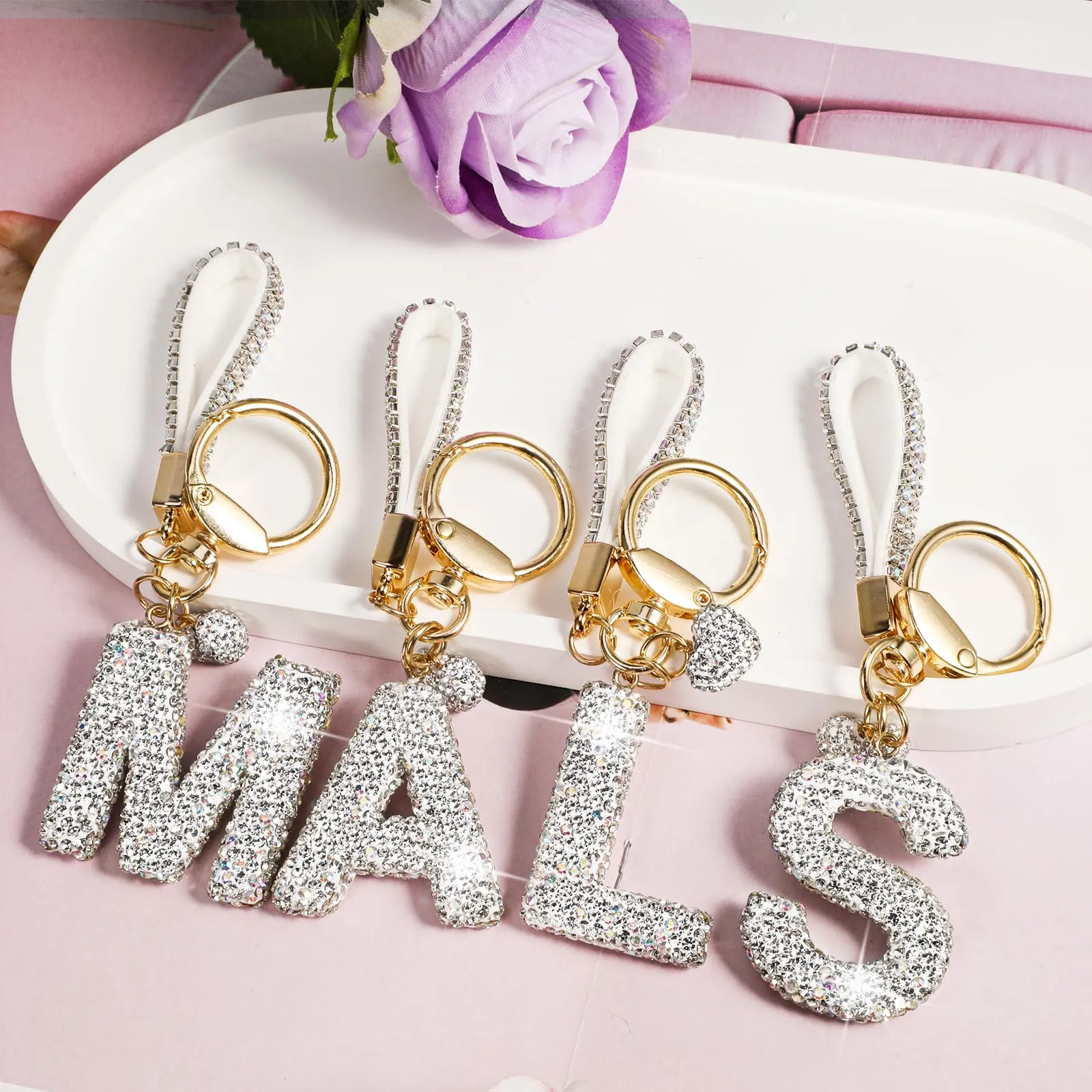 MWOOT Cristalli Lettera Portachiavi S, Carini Keyring Ciondoli con Nome, Iniziale Anelli Portachiavi Donna, Casa Nuova Accessori Macchina Auto Keychain Regalo Amica Compleanno - immagine 5