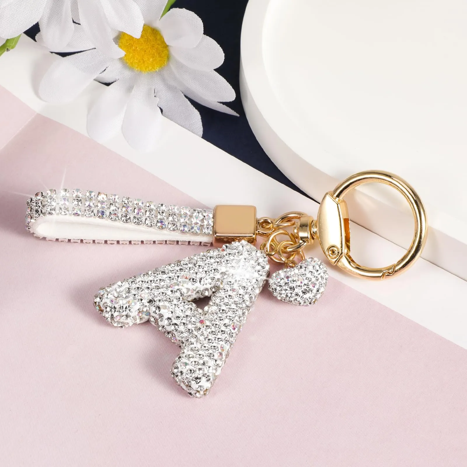 MWOOT Cristalli Lettera Portachiavi A, Carini Keyring Ciondoli con Nome, Iniziale Anelli Portachiavi Donna, Casa Nuova Accessori Macchina Auto Keychain Regalo Amica Compleanno - immagine 2