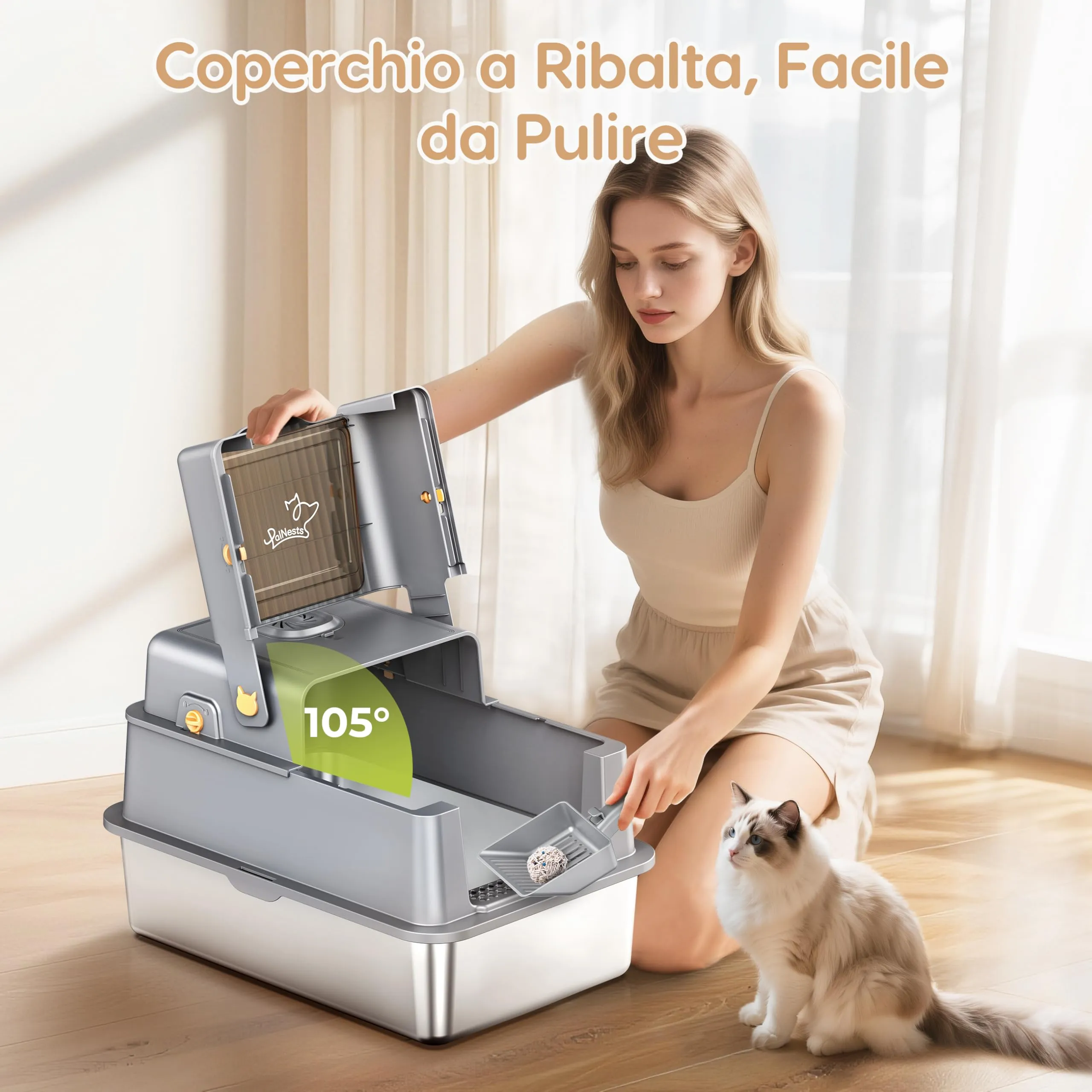 PalNests Lettiera per Gatti in Acciaio Inox, Lettiera per Gatti XXL con Coperchio Ribaltabile a 105° e Paletta, Lettiere in Metallo Rimovibile con Tappetino, con Deodorante per Lettiere per Gatto - immagine 2