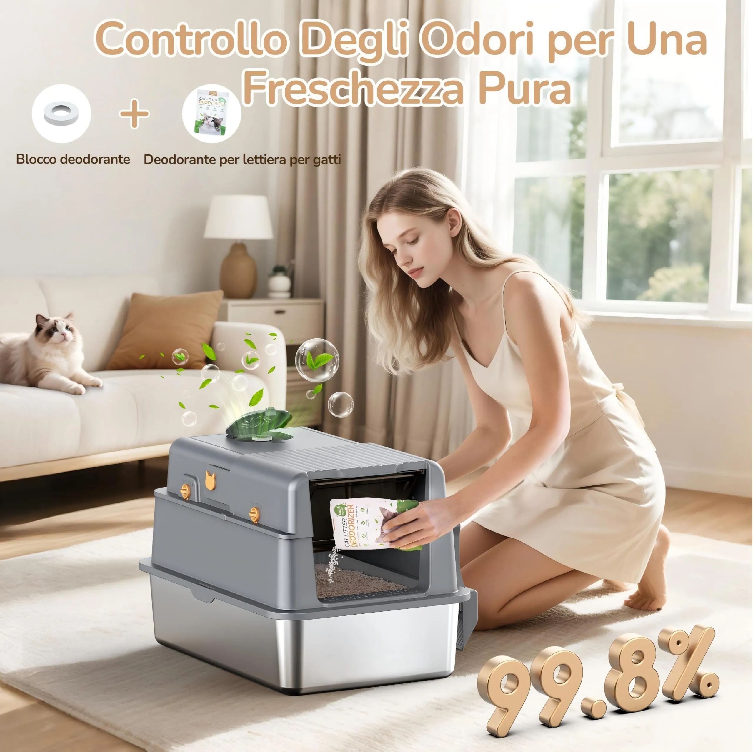 PalNests Lettiera per Gatti in Acciaio Inox, Lettiera per Gatti XXL con Coperchio Ribaltabile a 105° e Paletta, Lettiere in Metallo Rimovibile con Tappetino, con Deodorante per Lettiere per Gatto - immagine 4
