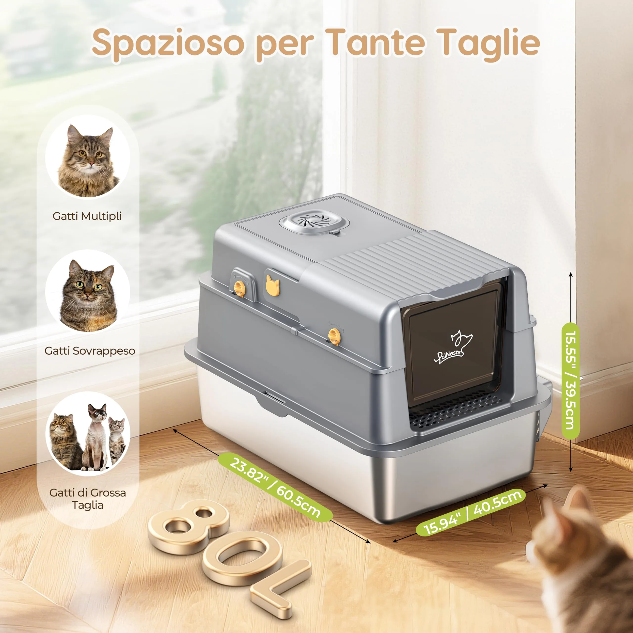 PalNests Lettiera per Gatti in Acciaio Inox, Lettiera per Gatti XXL con Coperchio Ribaltabile a 105° e Paletta, Lettiere in Metallo Rimovibile con Tappetino, con Deodorante per Lettiere per Gatto - immagine 7