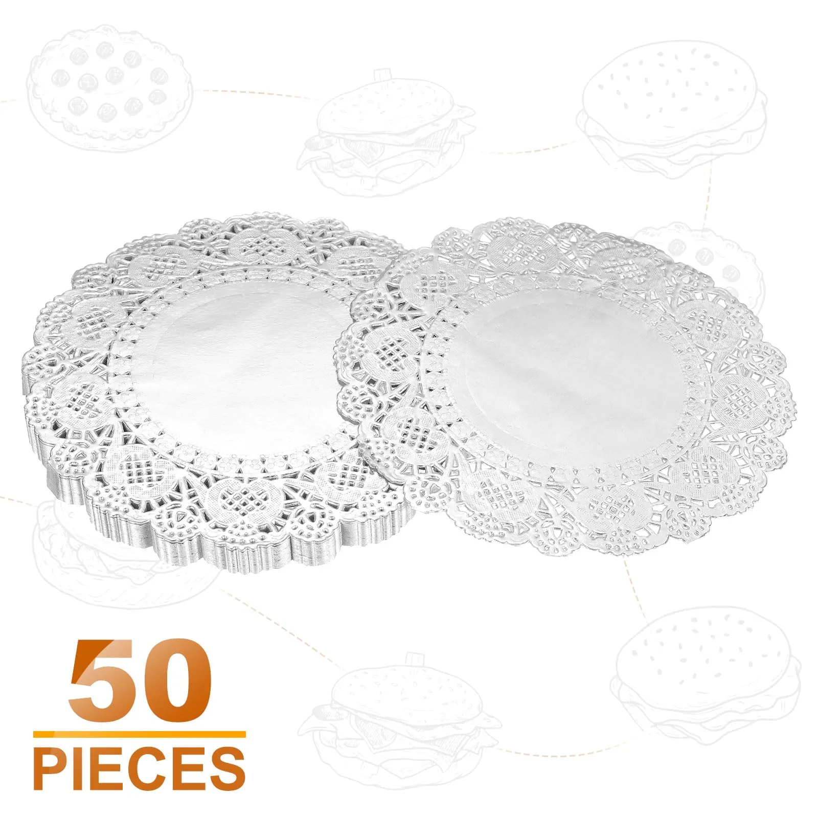 QUARKZMAN 50 pezzi Tovaglioli di Carta Pizzo 4.5 Pollici Argento Rotondi Tovaglioli di Carta Decorativi Usa e Getta Carta Fiore Traforato Assorbente per Torte Dessert Decorazione Cibo - immagine 3