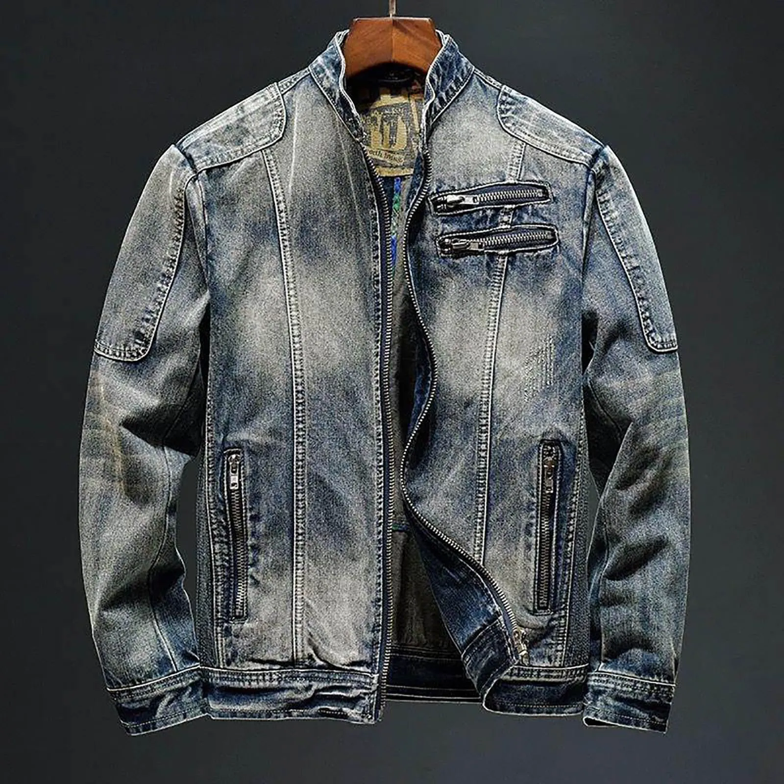 Giacca Denim Uomo, Giubbino Uomo Estivo, Giubbotto Manica Lunga Finta Biker Casuale in Cotone Effetto Denim Moda Giacca Motion Rider Jacket Giacca da Lavoro per Capispalla Fotografia Biker Moto - immagine 3