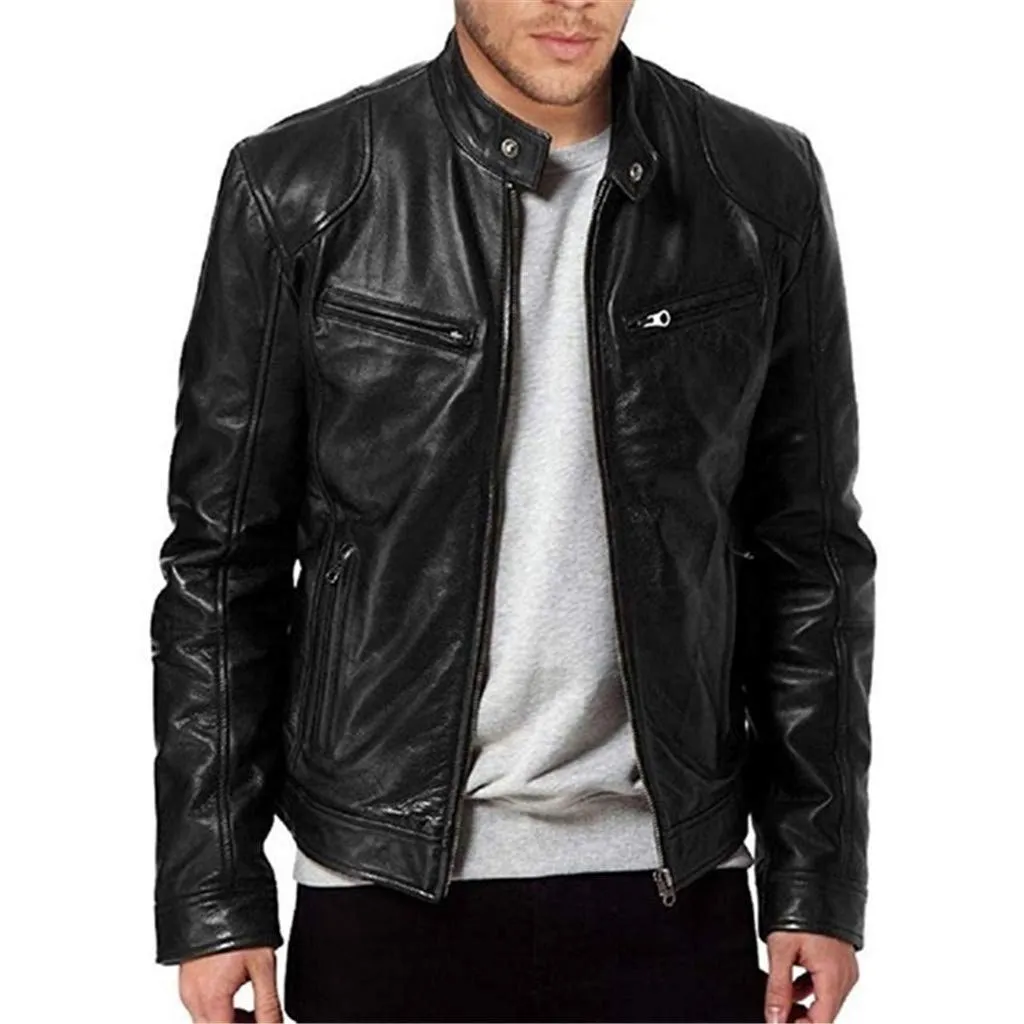 Giubbotto in Pelle Uomo, Giacca Bomber da Uomo con Chiusura Lampo, Casual, per Motociclisti Giubbotto con Colletto Rialzato Giubbotto Chiodo Giacca da Lavoro alla Moda, Classica, Nero - immagine 3