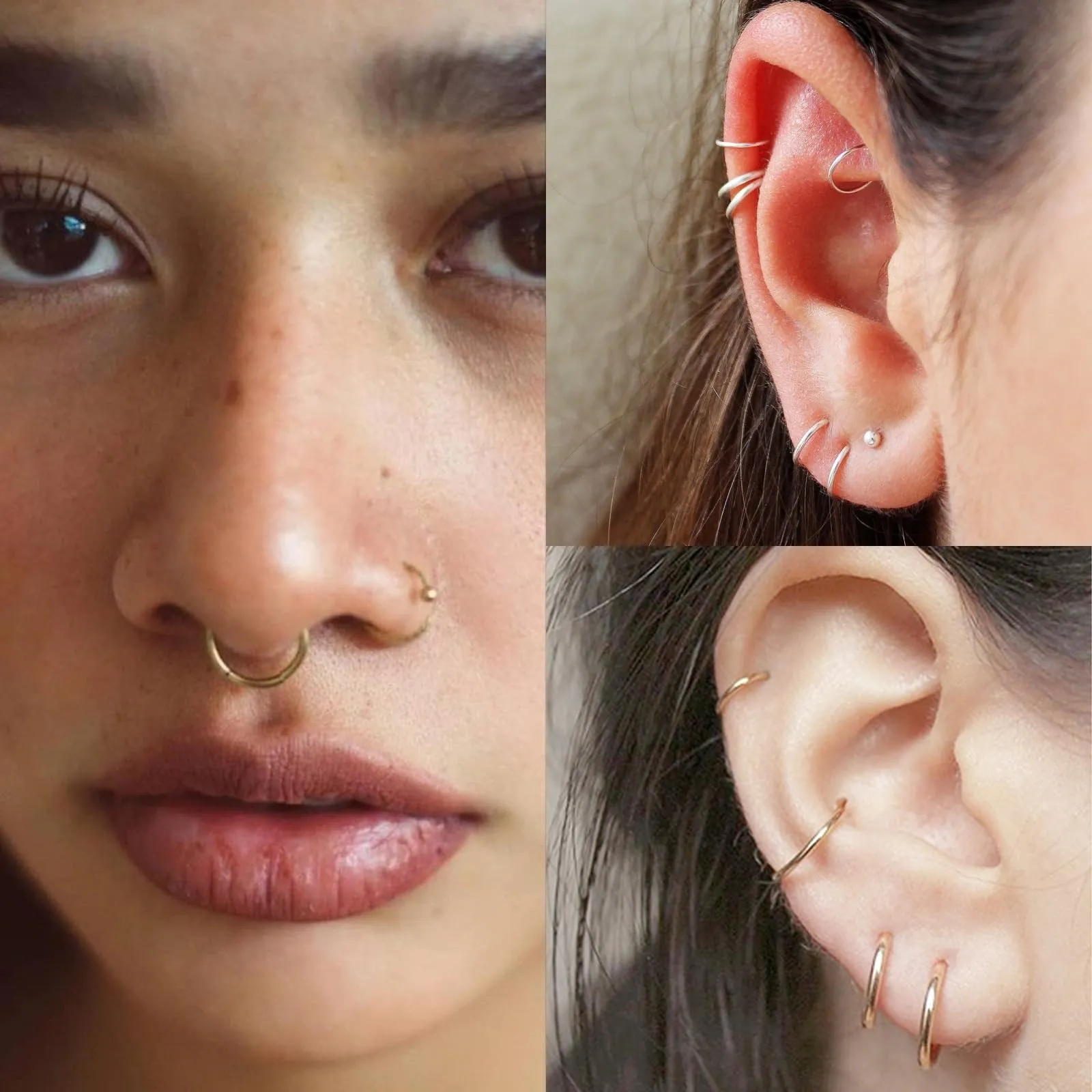 Anello da naso in titanio da 20 G, 18 G, 16 G, orecchini a cerchio per cartilagine, per donne e uomini, in argento e oro, anello per setto nasale, trago, conch, helix, daith, piercing per labbro - immagine 7