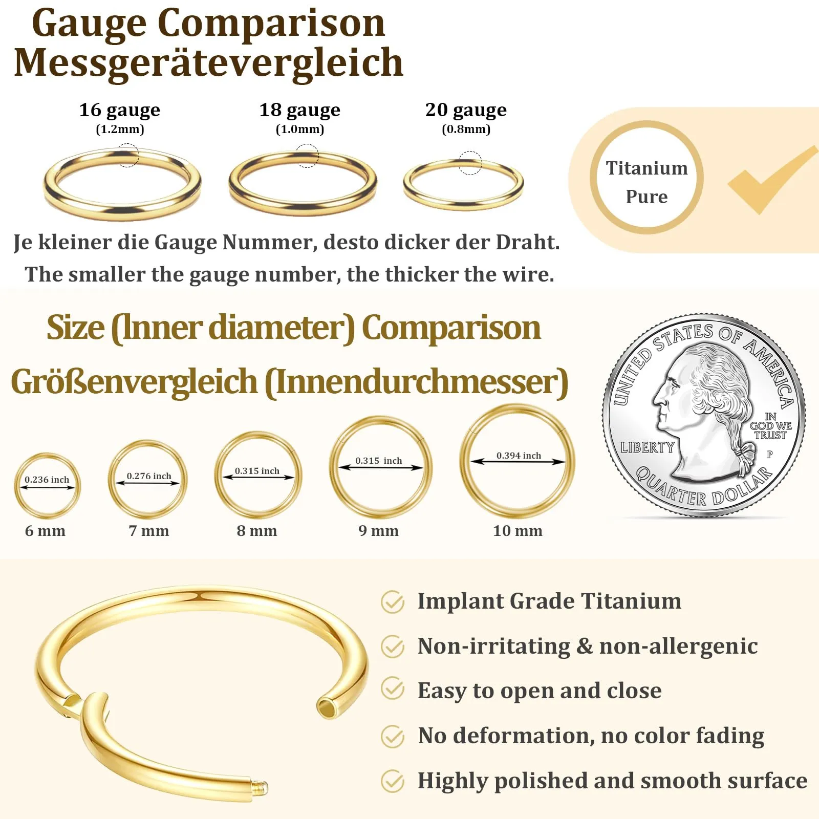 Piercing per il naso, oro placcato, fine, in titanio, per donna e uomo, 20 G, 18 G, 16 G, septum, tragus, conch, orecchini, piercing per labbra, naso, piercing per il naso, anelli, gioielli, 6 mm/7 mm - immagine 5