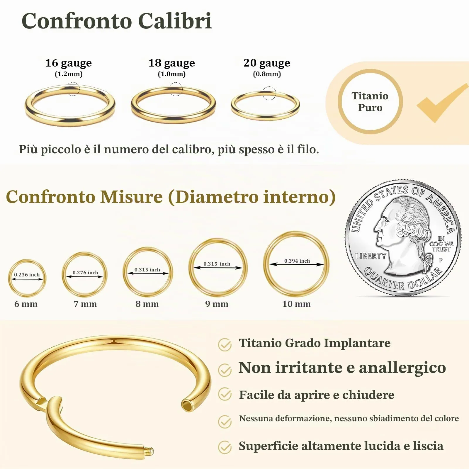 DAI JY Anello per naso Oro Argento sottile Piercing nasale Anello in titanio per donne e uomini 20G 18G 16G Septum Tragus Conch Orecchini Piercing labiale Anello per piercing nasale Gioielli 6mm/7mm - immagine 5