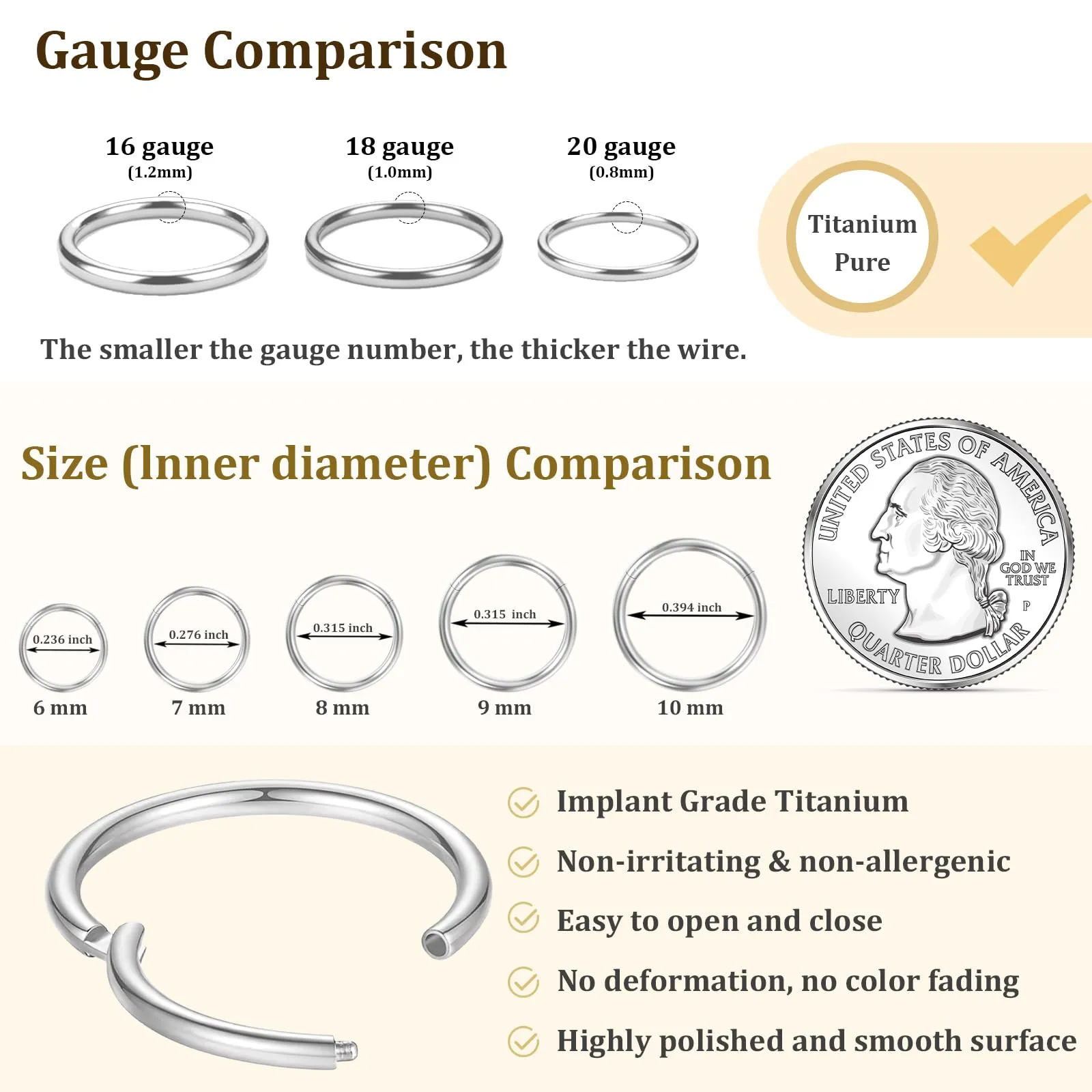 Anello per naso a cerchio in titanio da 20G 18G 16G, orecchini a cerchio per cartilagine per donne e uomini argento oro anello per naso anello per setto nasale trago conchiglia elica daith piercing - immagine 5