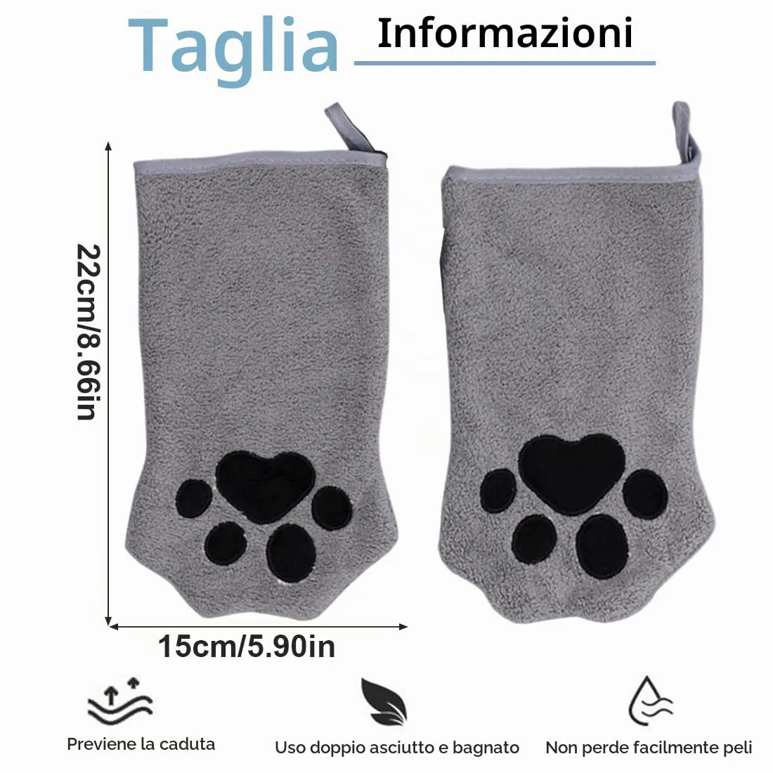 WeddHuis 2 Pcs Guanti per la Pulizia di Animali Domestici Asciugamano in Microfibra Assorbente Morbido e Durevole per Cani, Gatti e Altri Piccoli Animali (Grigio) - immagine 2